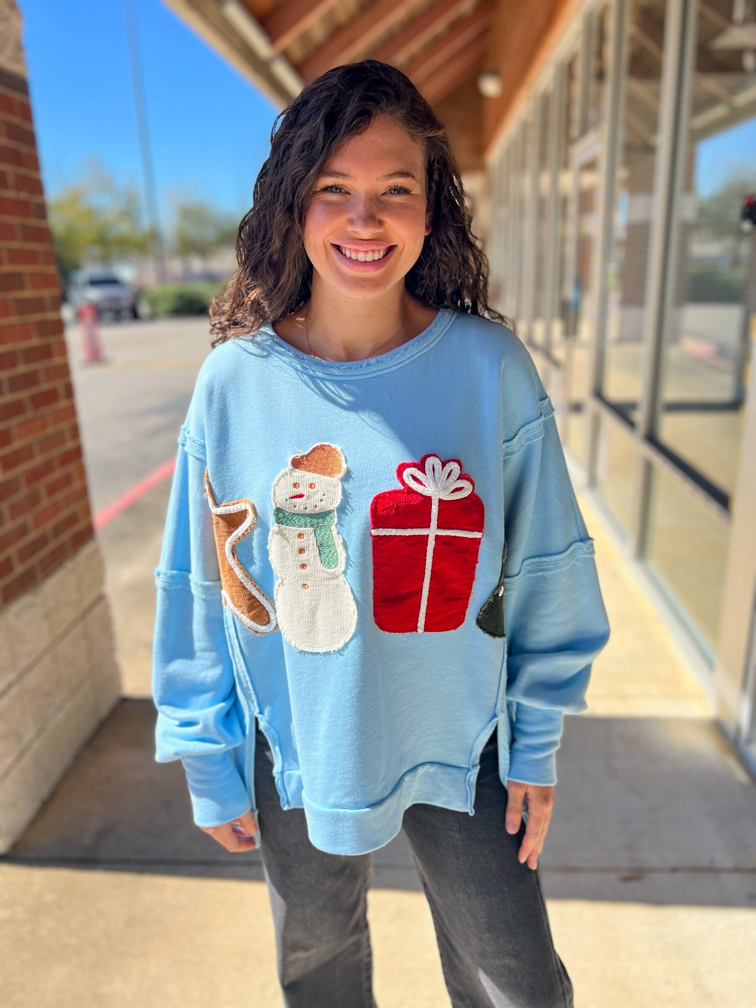 Light Blue Corduroy Christmas Patches French Terry Sweatshirt - A'Bekah's Boutique