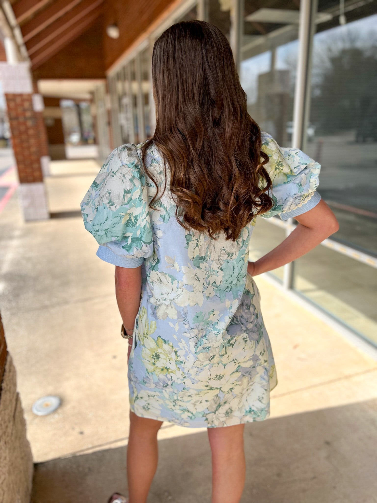 Light Blue Floral V - Neck Dress with Contrast Banding - A'Bekah's Boutique