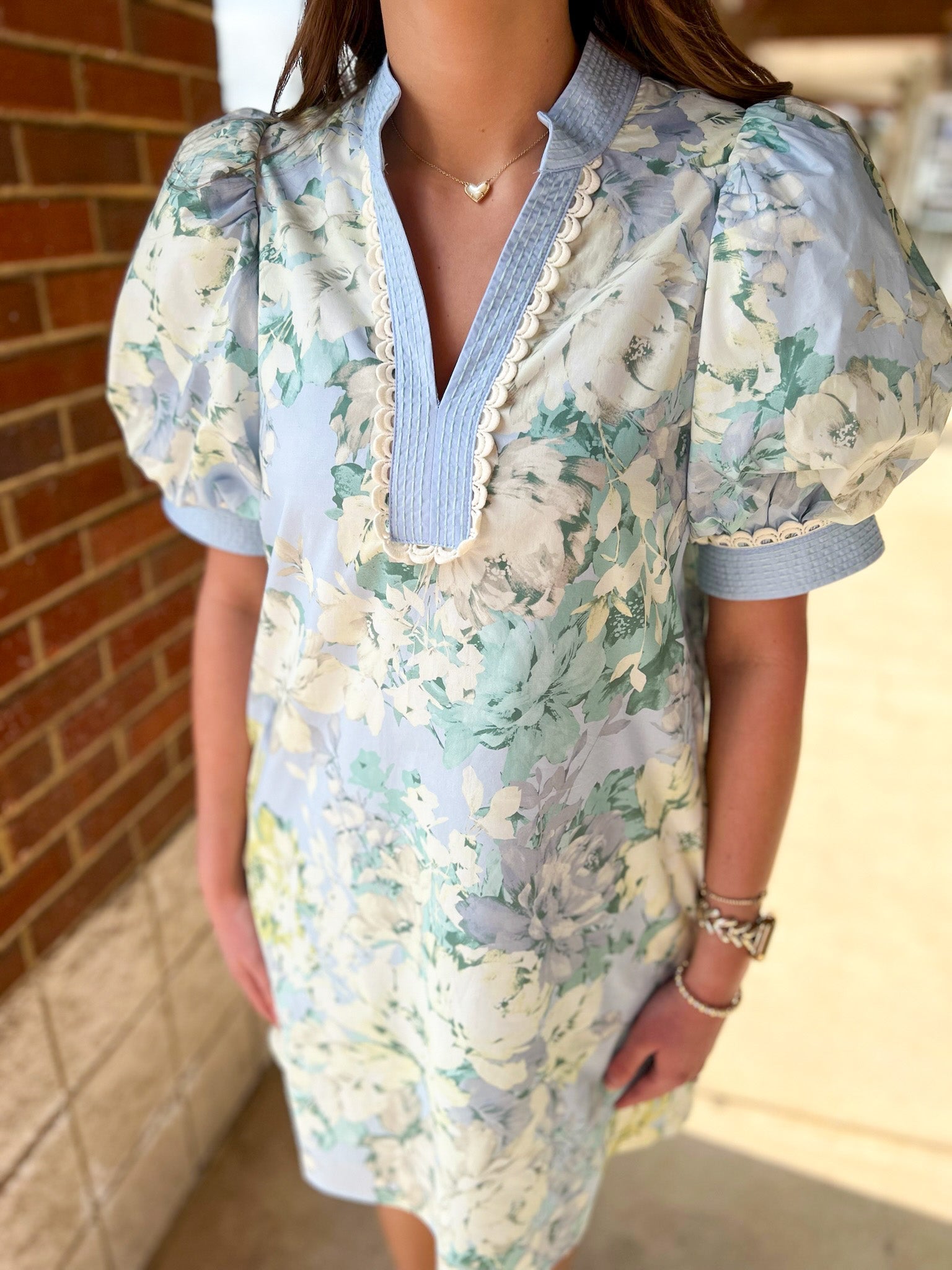 Light Blue Floral V - Neck Dress with Contrast Banding - A'Bekah's Boutique