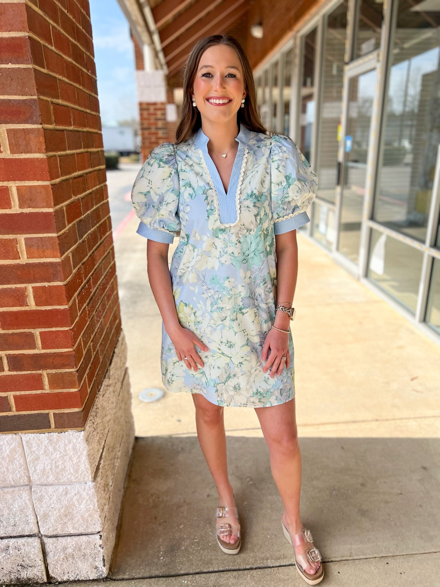 Light Blue Floral V - Neck Dress with Contrast Banding - A'Bekah's Boutique