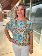 Light Blue Ikat Printed Dolman Sleeve Top - A'Bekah's Boutique