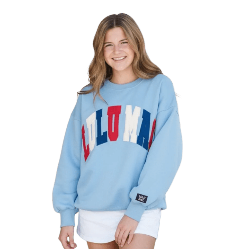 Light Blue Lulu Mac Sweatshirt with Red White and Blue Lettering - A'Bekah's Boutique