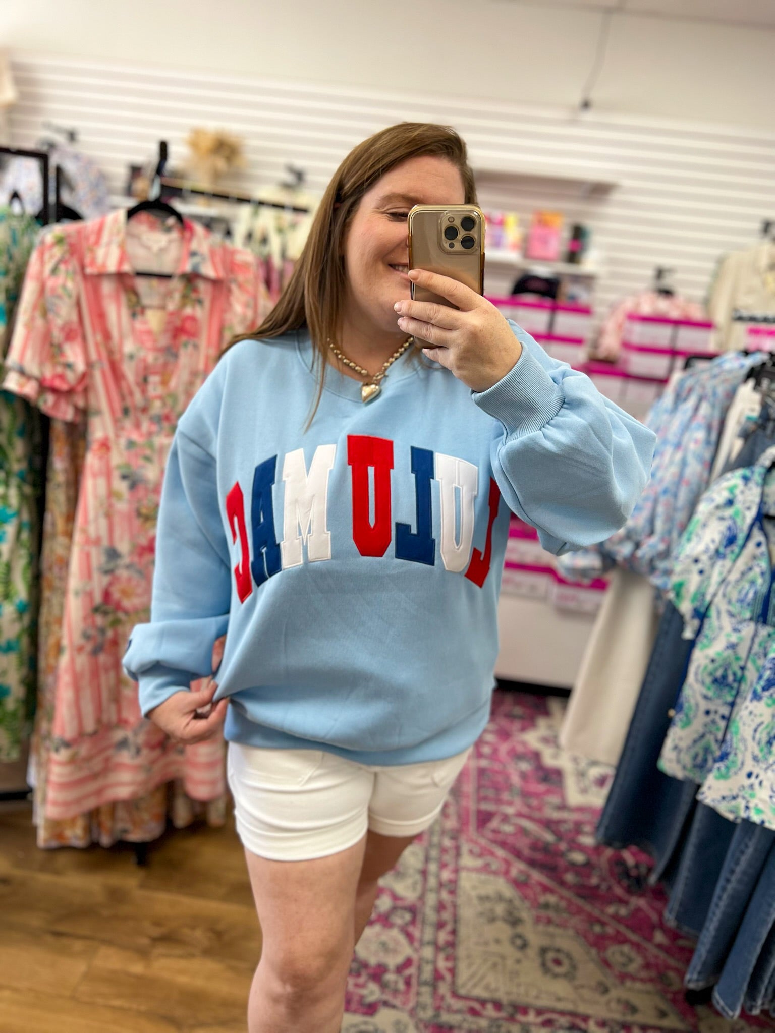 Light Blue Lulu Mac Sweatshirt with Red White and Blue Lettering - A'Bekah's Boutique