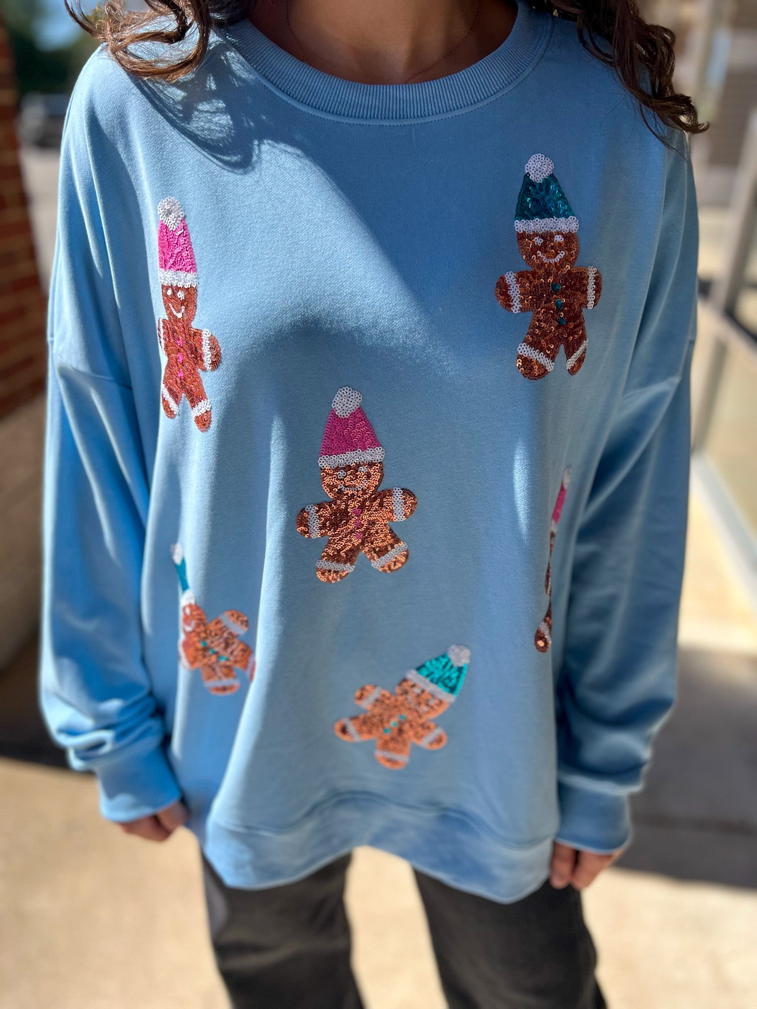 Light Blue Sequin Gingerbread Man Oversized Sweatshirt - A'Bekah's Boutique