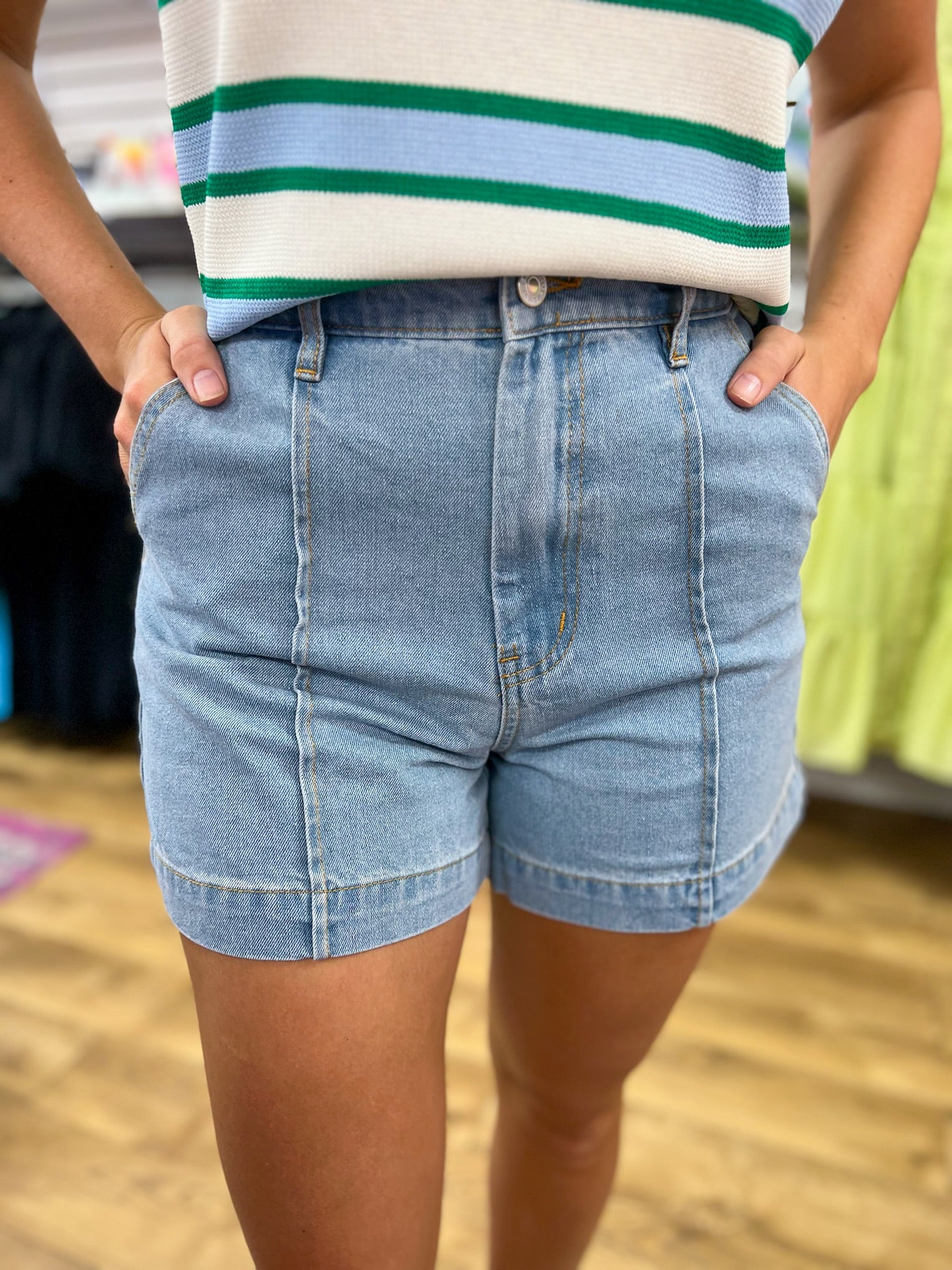 Light Blue Shorts with Front Seam Detail - A'Bekah's Boutique