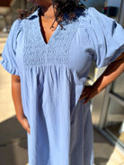 Light Blue Smocked V - Neck Midi Dress with Short Puff Sleeves (C) - A'Bekah's Boutique