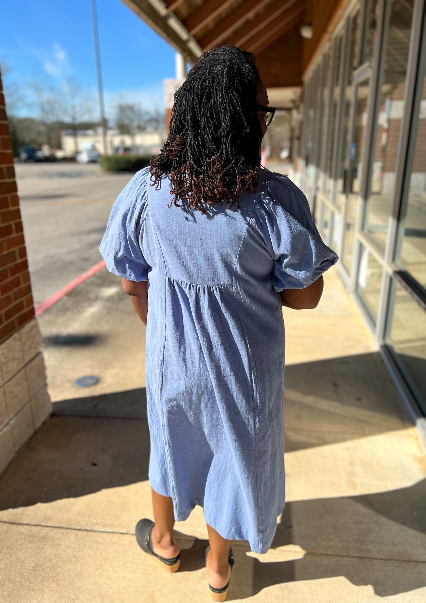 Light Blue Smocked V - Neck Midi Dress with Short Puff Sleeves (C) - A'Bekah's Boutique