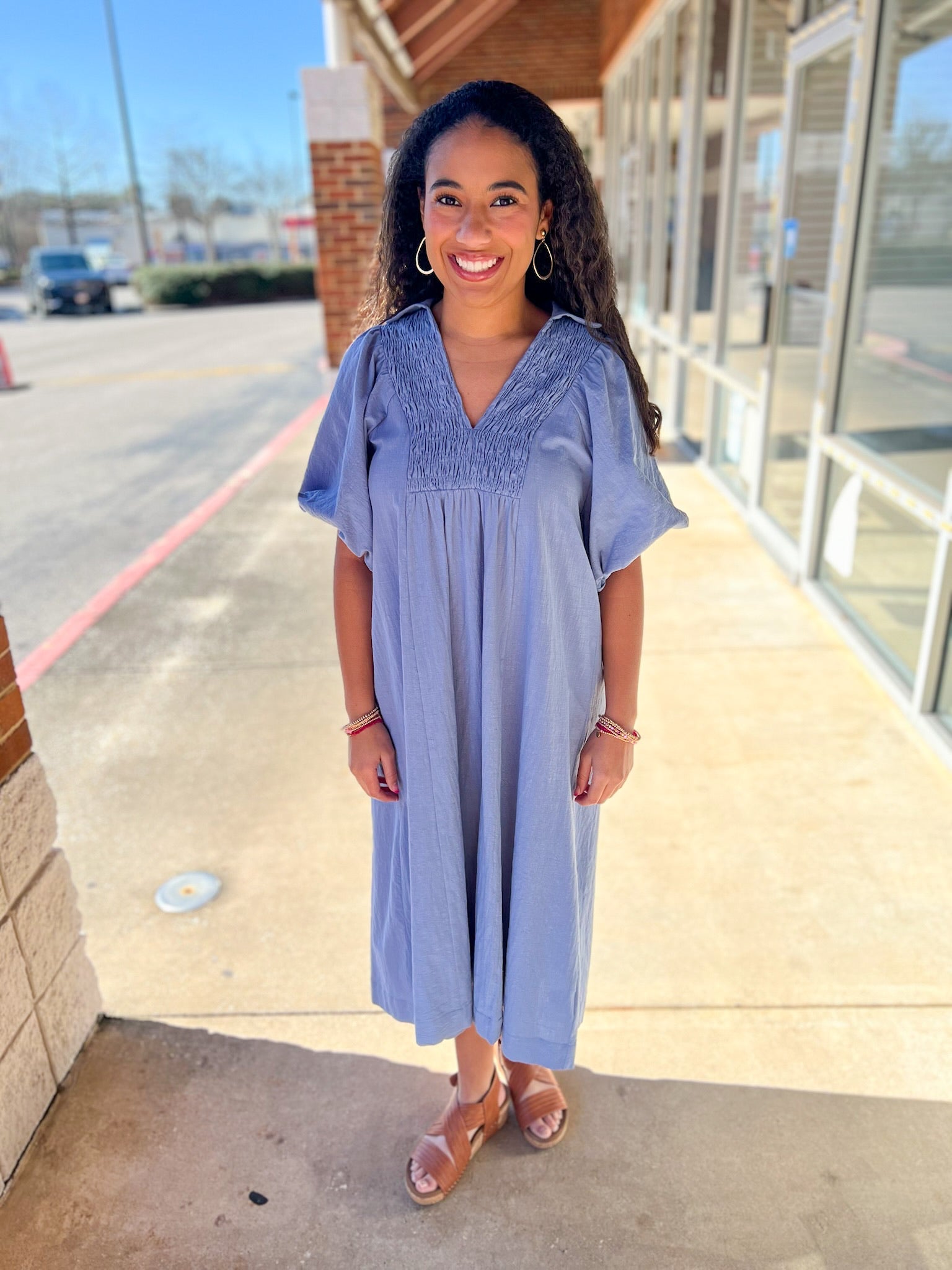 Light Blue Smocked V - Neck Midi Dress with Short Puff Sleeves (R) - A'Bekah's Boutique