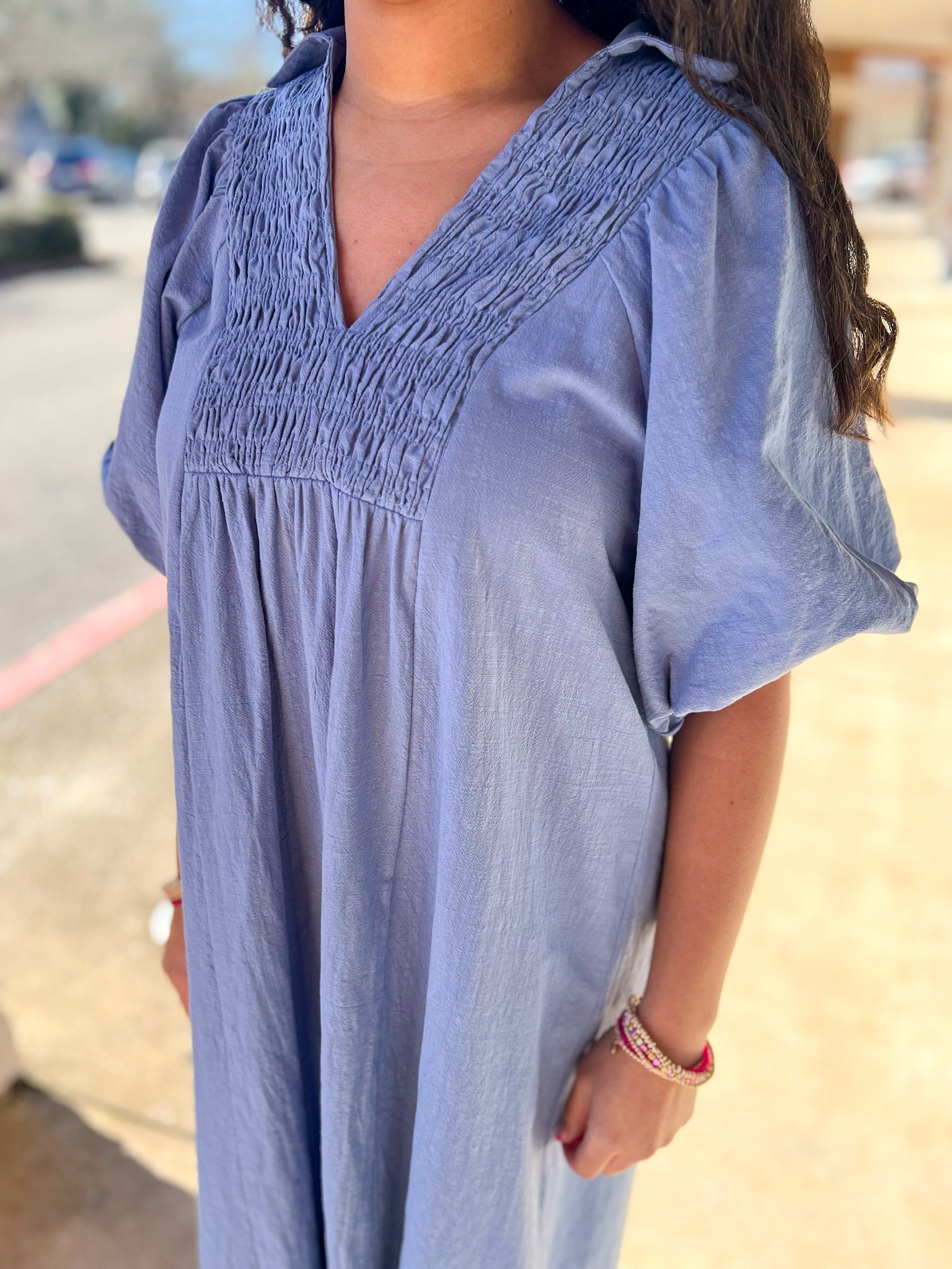 Light Blue Smocked V - Neck Midi Dress with Short Puff Sleeves (R) - A'Bekah's Boutique