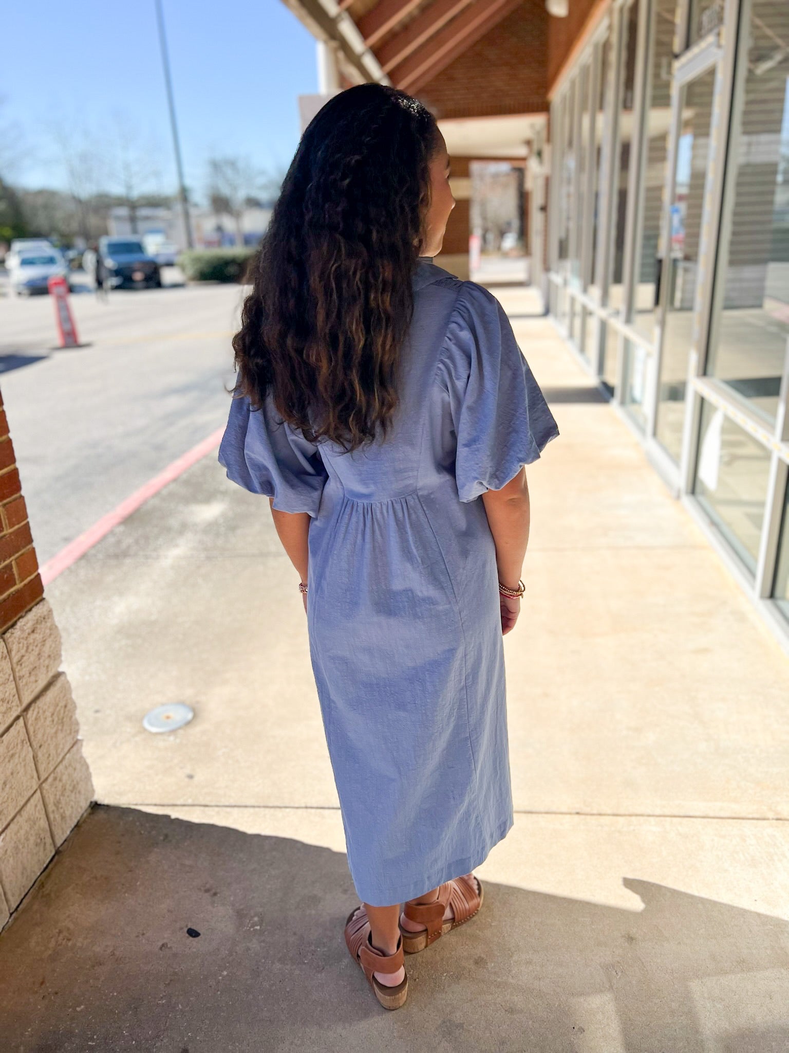 Light Blue Smocked V - Neck Midi Dress with Short Puff Sleeves (R) - A'Bekah's Boutique