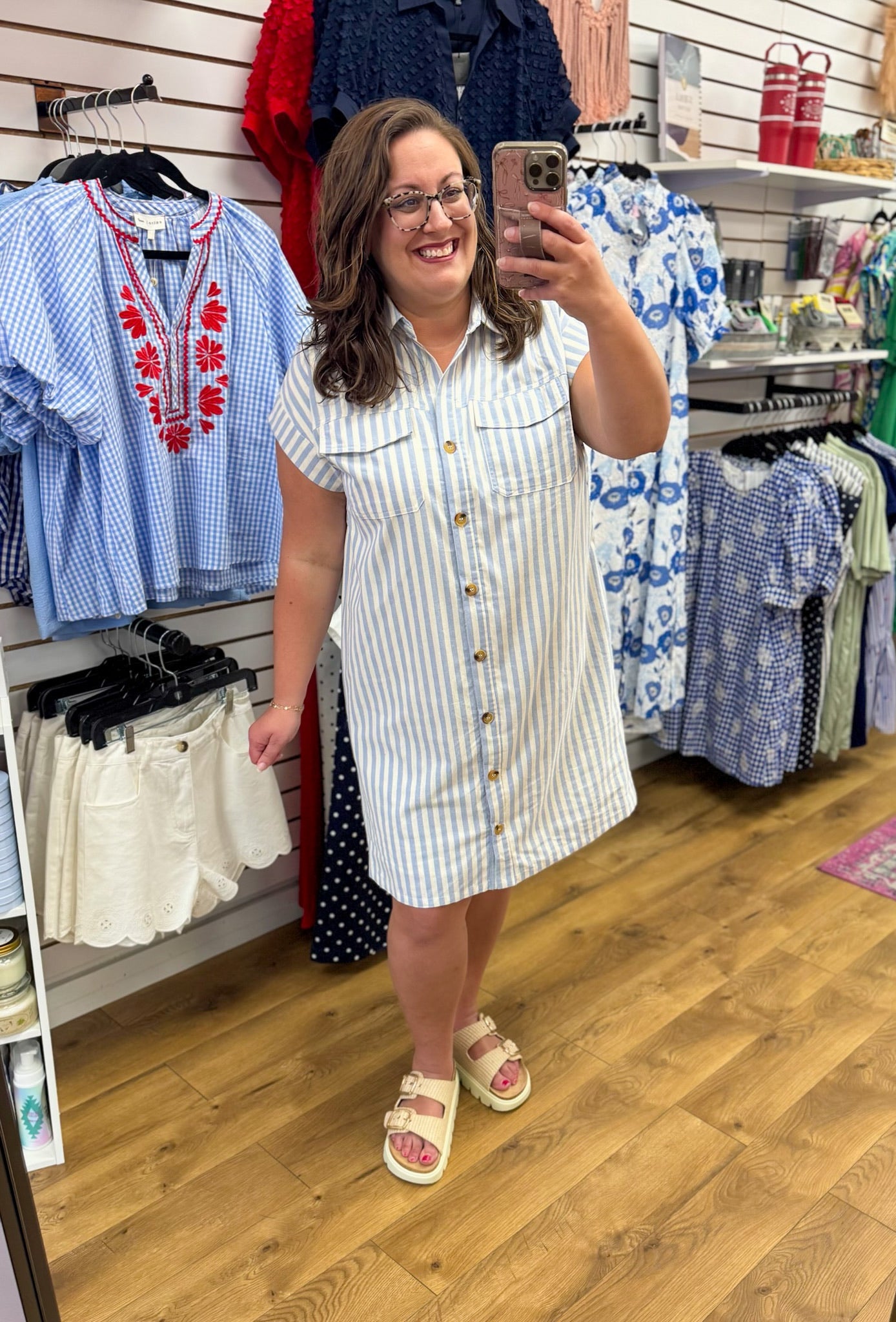 Light Blue Striped Button Up Dress with Pockets - A'Bekah's Boutique