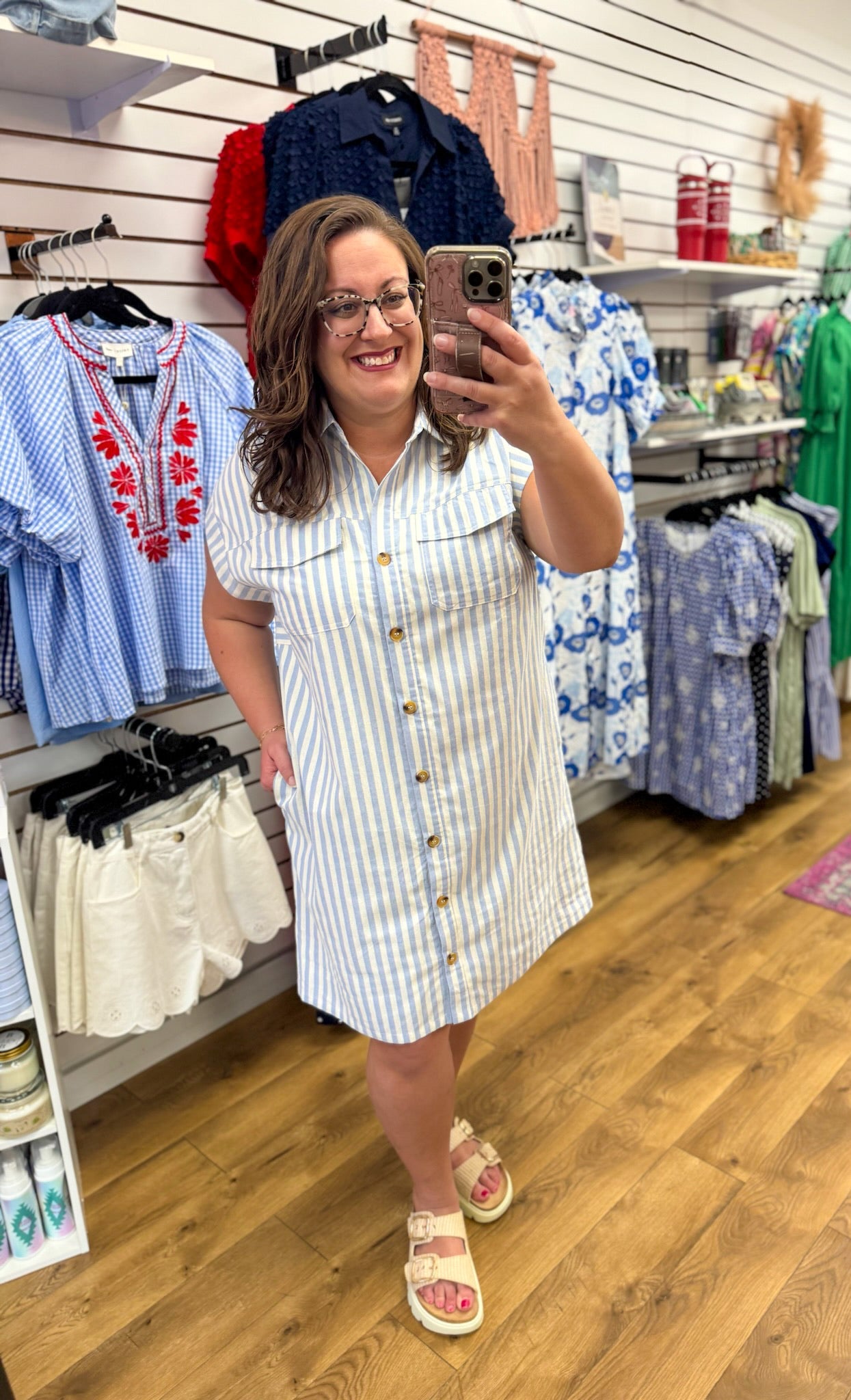 Light Blue Striped Button Up Dress with Pockets - A'Bekah's Boutique