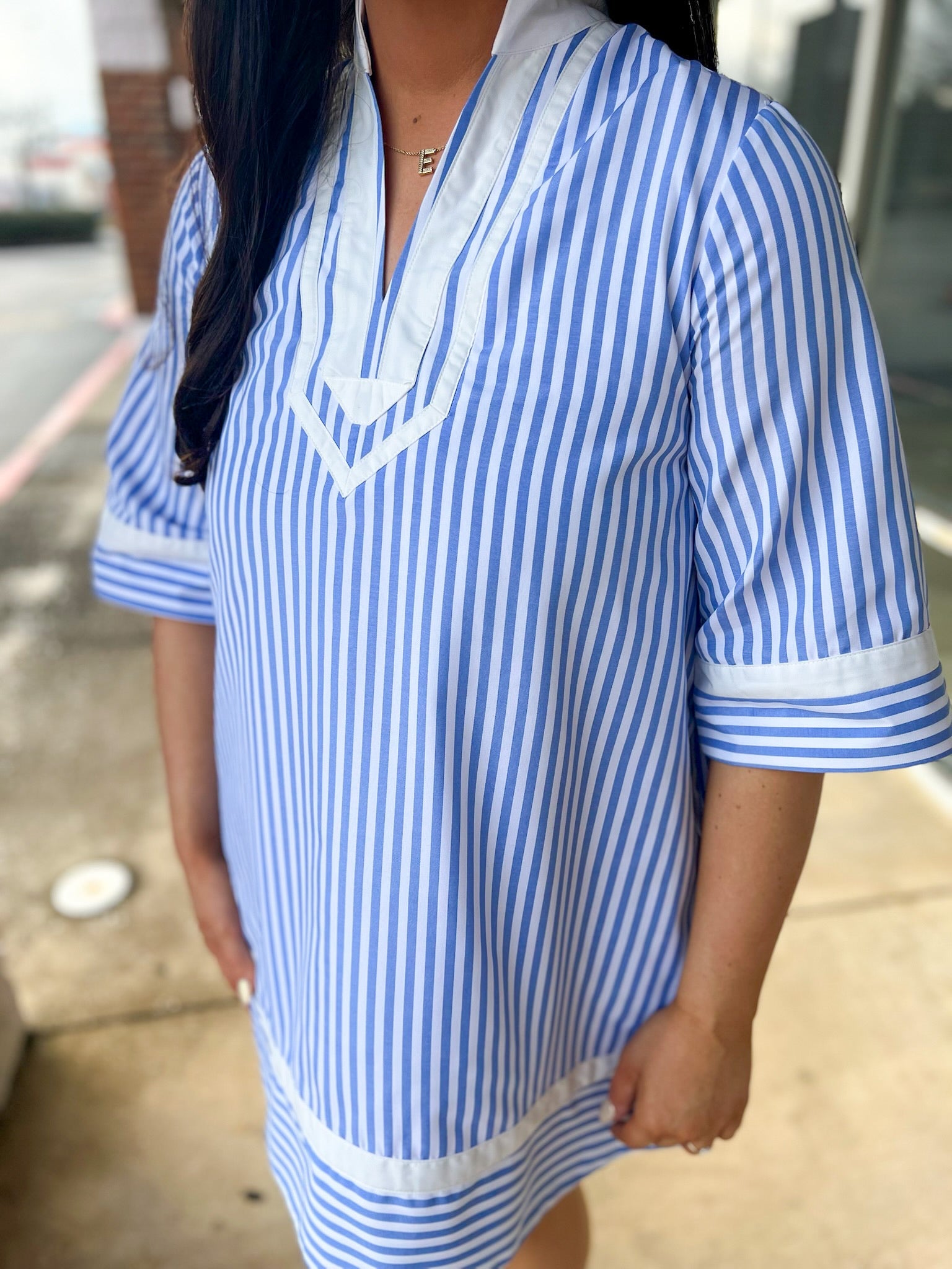 Light Blue Striped V - Neck Dress with Contrast Trim - A'Bekah's Boutique