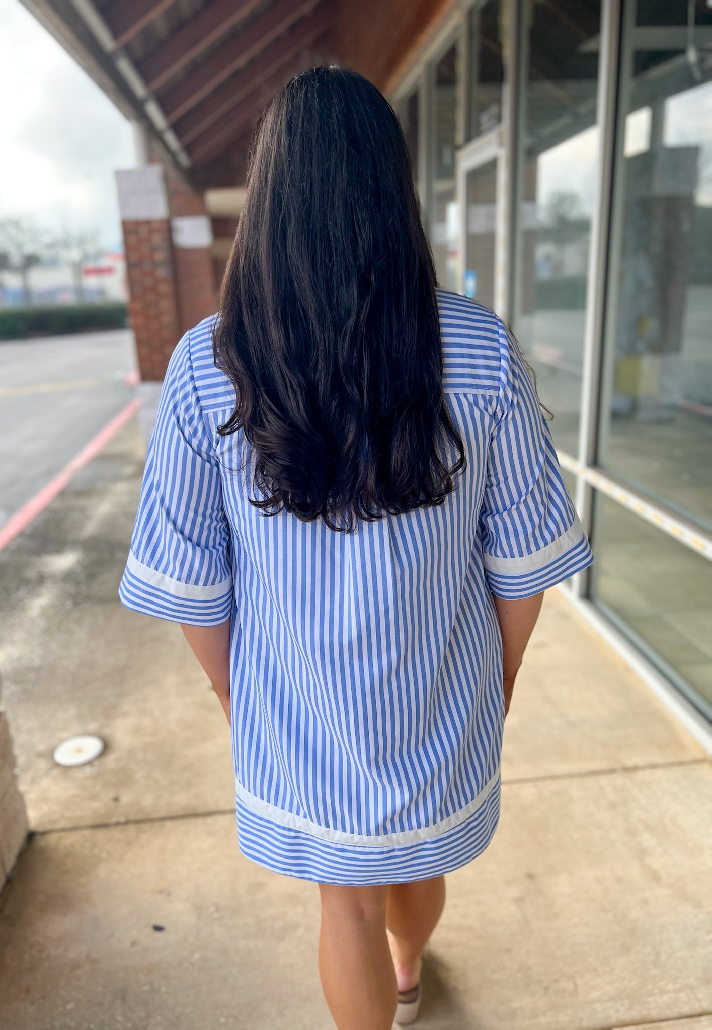 Light Blue Striped V - Neck Dress with Contrast Trim - A'Bekah's Boutique