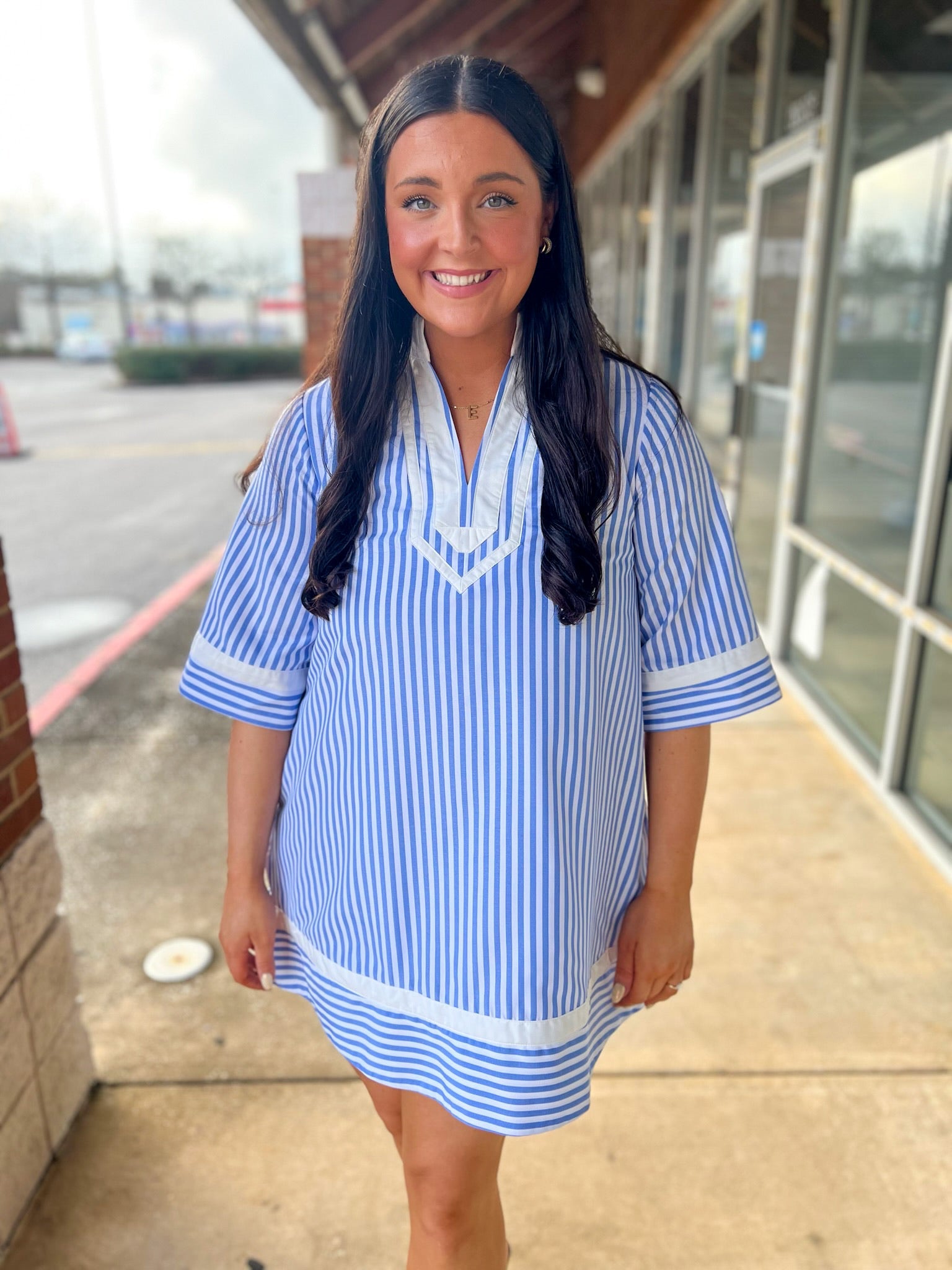 Light Blue Striped V - Neck Dress with Contrast Trim - A'Bekah's Boutique