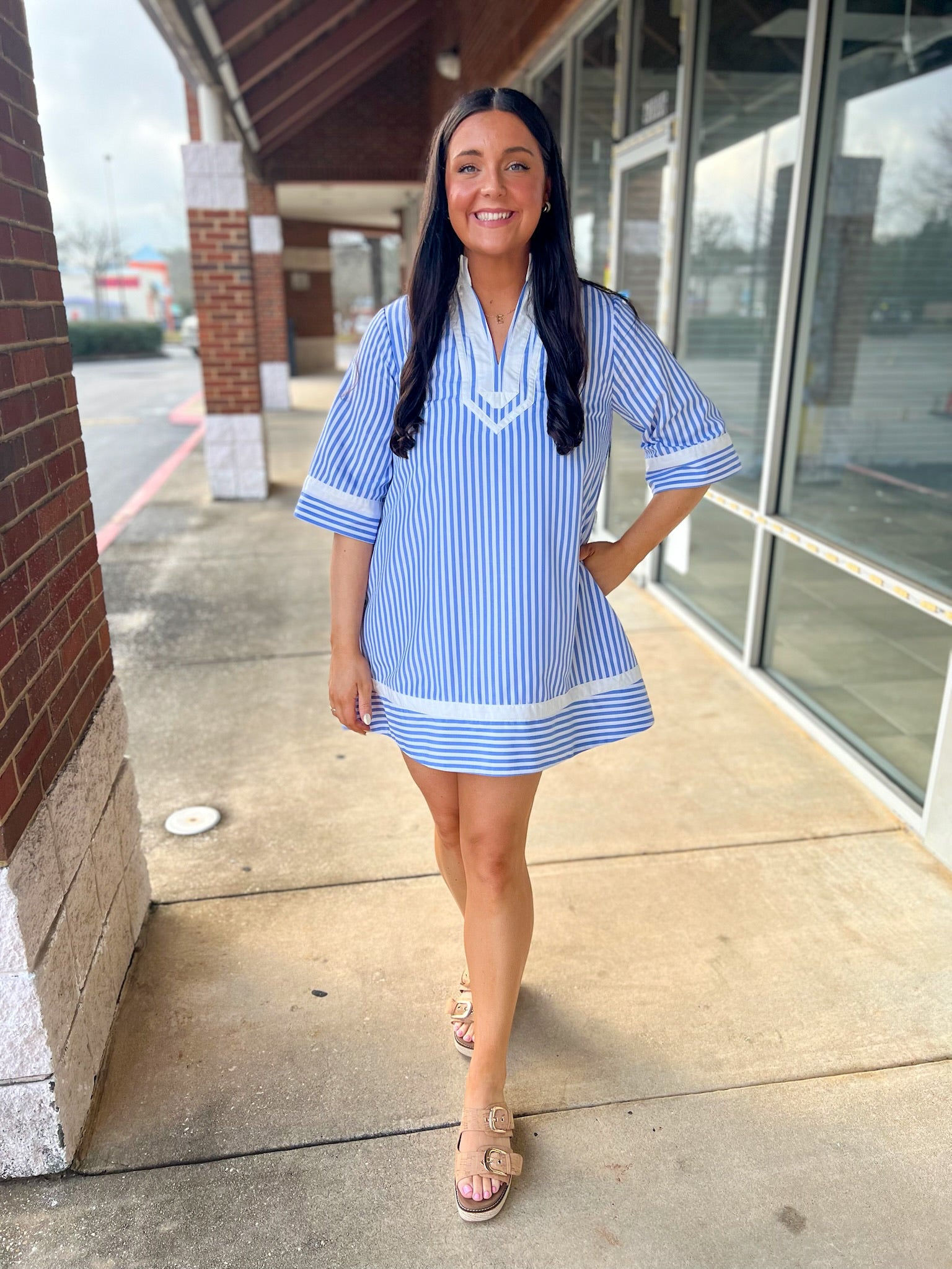 Light Blue Striped V - Neck Dress with Contrast Trim - A'Bekah's Boutique