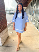 Light Blue Striped V - Neck Dress with Contrast Trim - A'Bekah's Boutique
