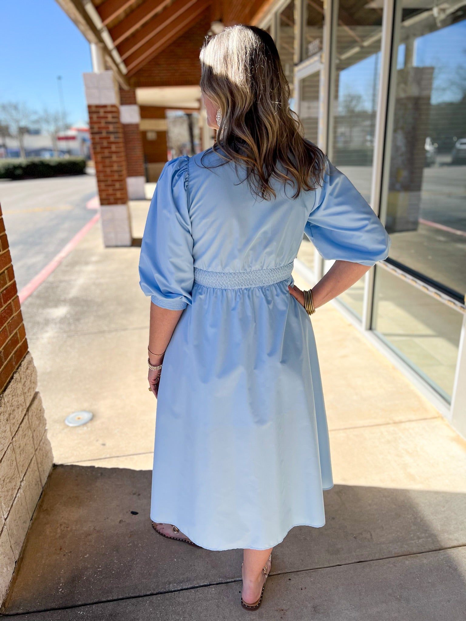 Light Blue Zip Front Midi Dress with Smocked Waist - A'Bekah's Boutique