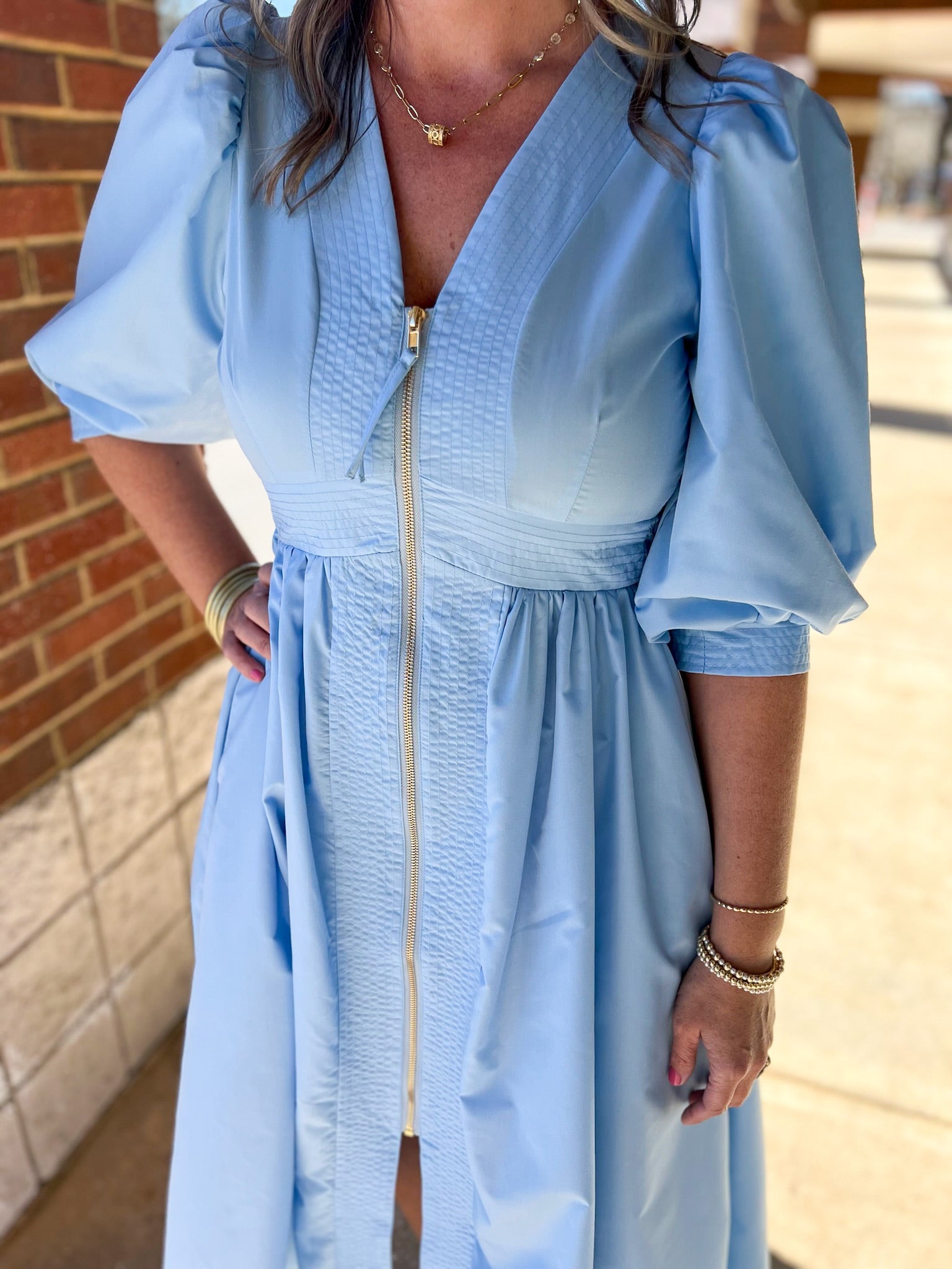 Light Blue Zip Front Midi Dress with Smocked Waist - A'Bekah's Boutique