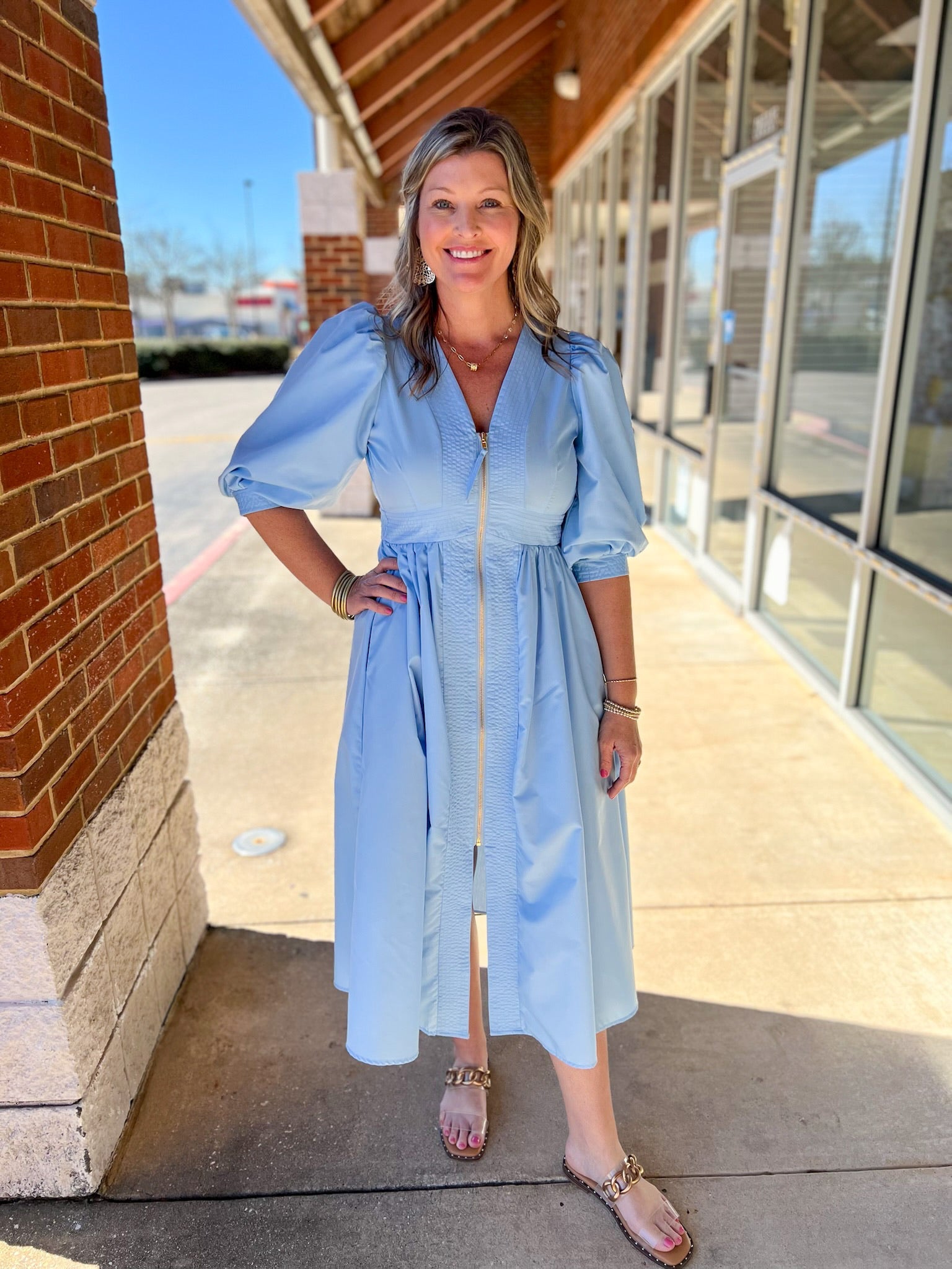 Light Blue Zip Front Midi Dress with Smocked Waist - A'Bekah's Boutique