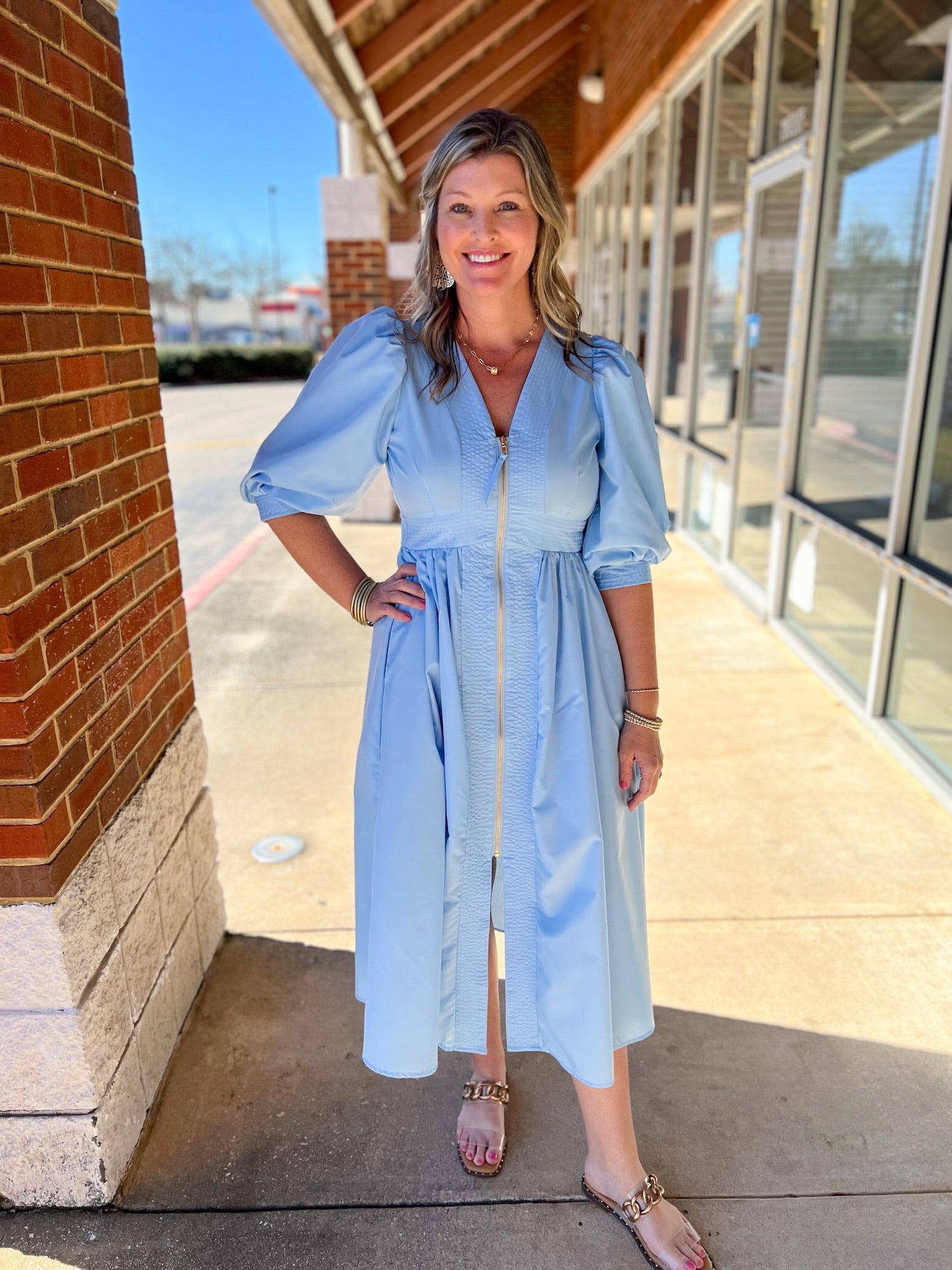 Light Blue Zip Front Midi Dress with Smocked Waist - A'Bekah's Boutique