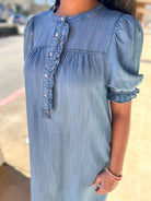 Light Denim Dress with Front Button Details and Pockets - A'Bekah's Boutique