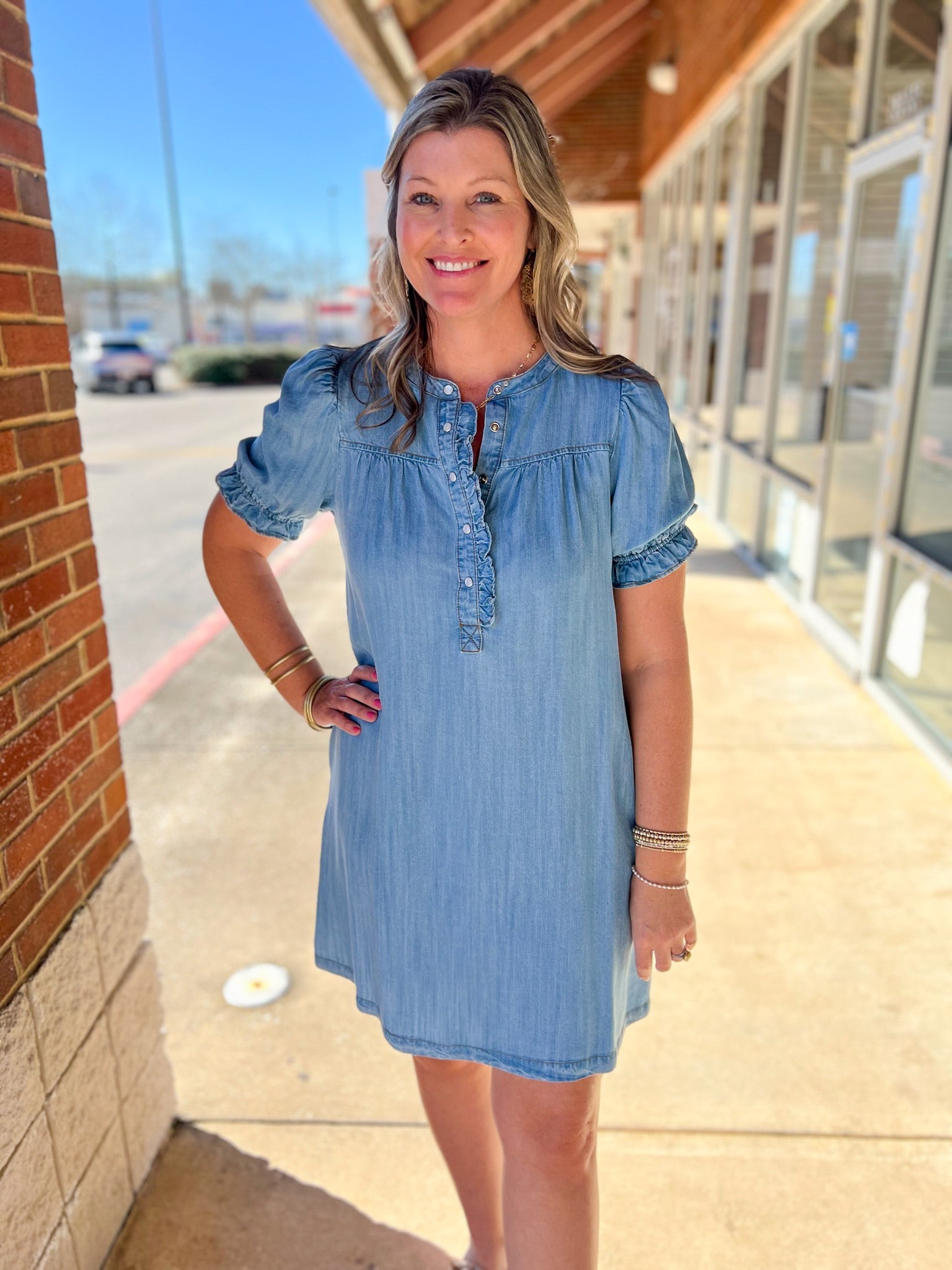 Light Denim Dress with Front Button Details and Pockets - A'Bekah's Boutique