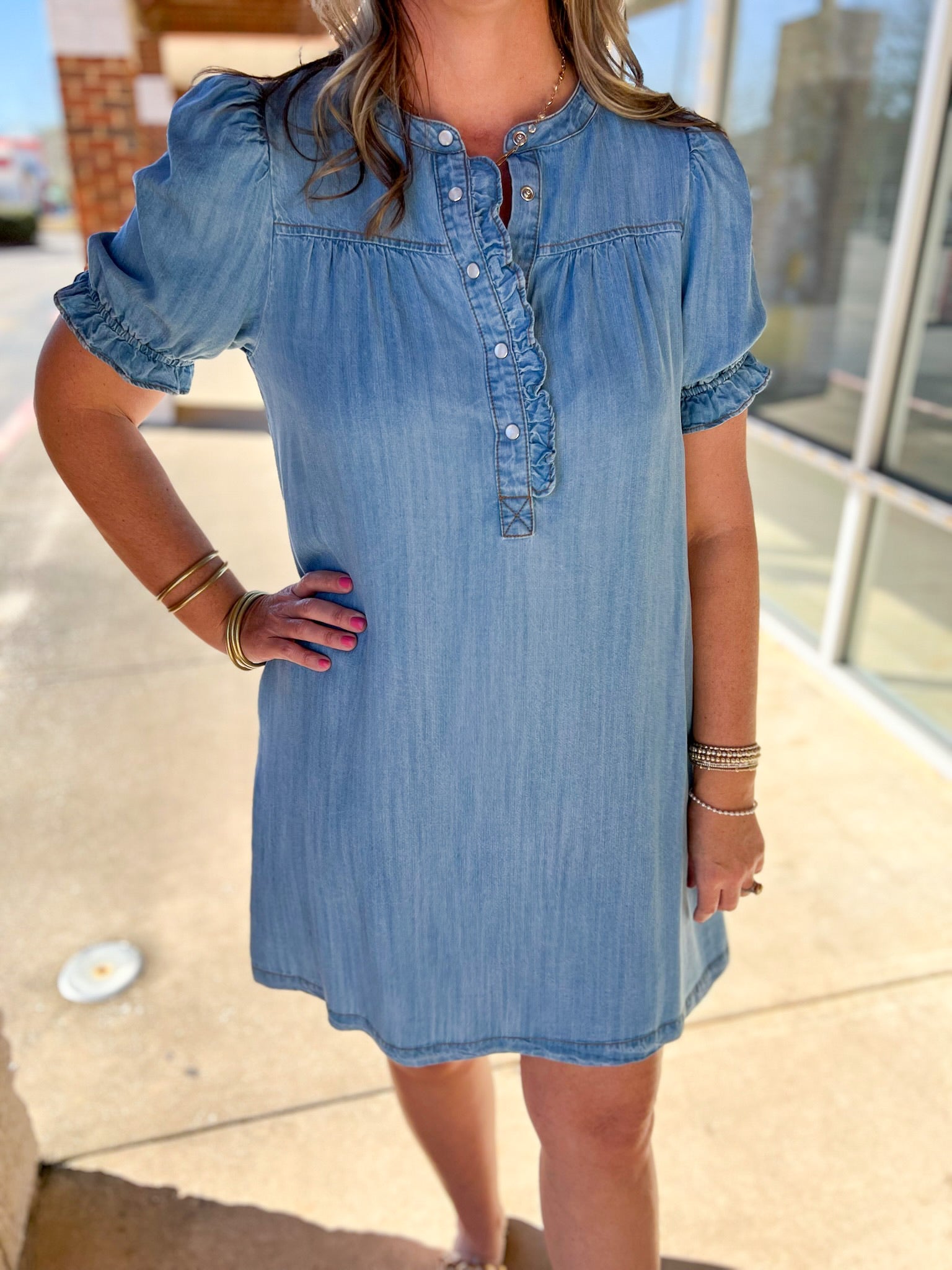 Light Denim Dress with Front Button Details and Pockets - A'Bekah's Boutique
