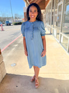 Light Denim Dress with Front Button Details and Pockets - A'Bekah's Boutique