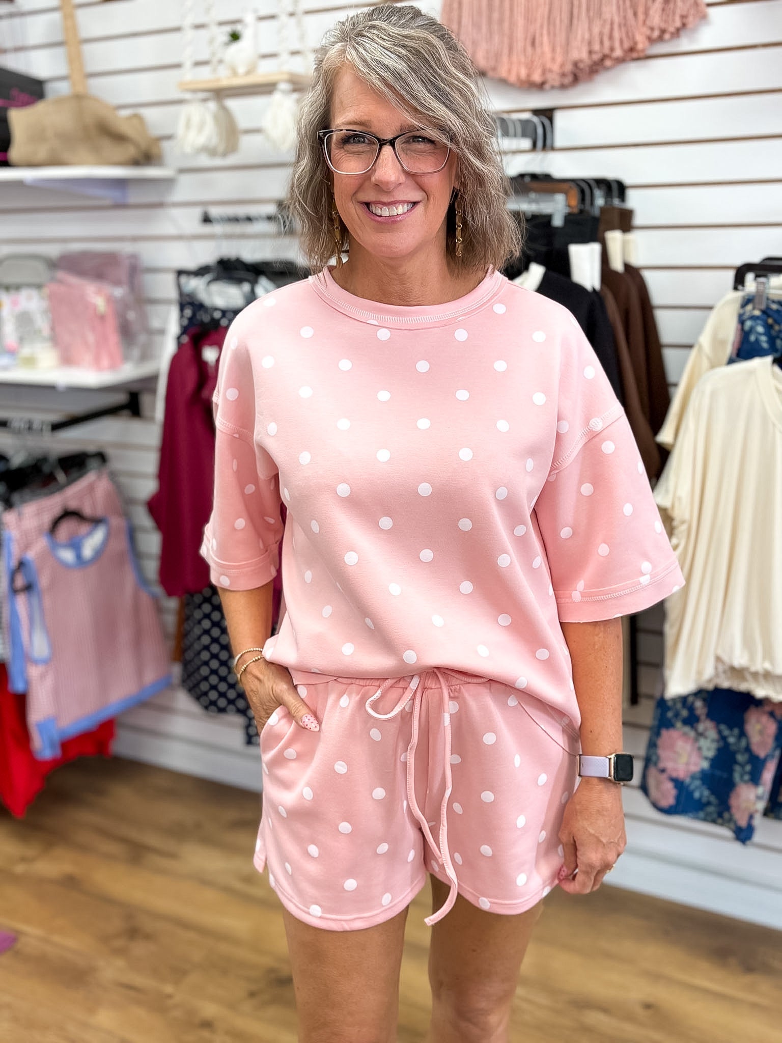 Light Pink and White Polka Dot Heavy Scuba Top and Shorts Set - A'Bekah's Boutique