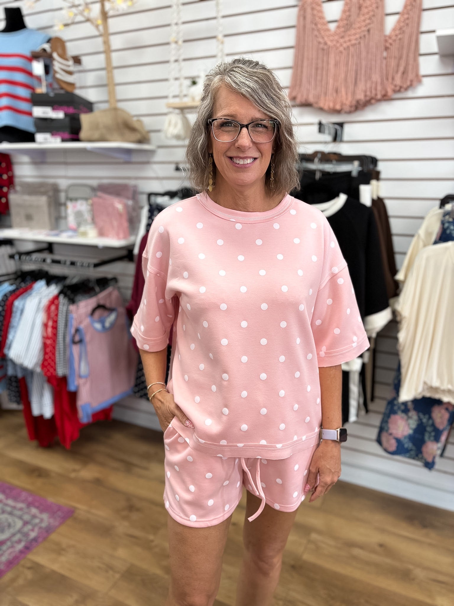 Light Pink and White Polka Dot Heavy Scuba Top and Shorts Set - A'Bekah's Boutique