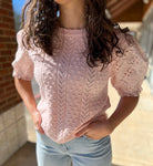 Light Pink Cable Knit Sweater with Eyelet Short Puff Sleeves - A'Bekah's Boutique