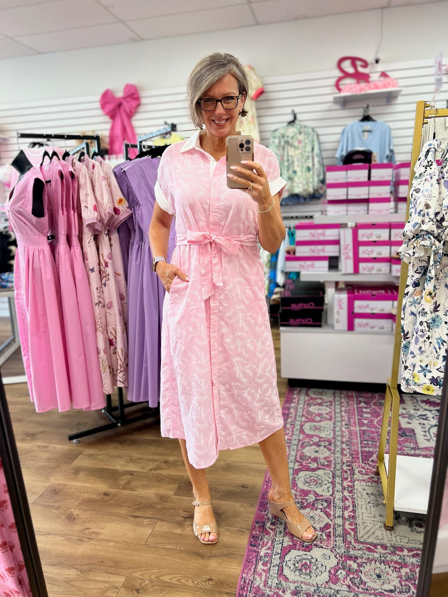 Light Pink Contrast Striped Midi Dress with Tie Waist - A'Bekah's Boutique