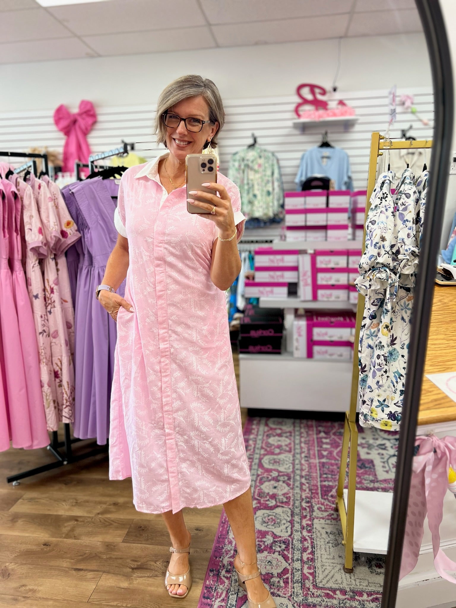 Light Pink Contrast Striped Midi Dress with Tie Waist - A'Bekah's Boutique