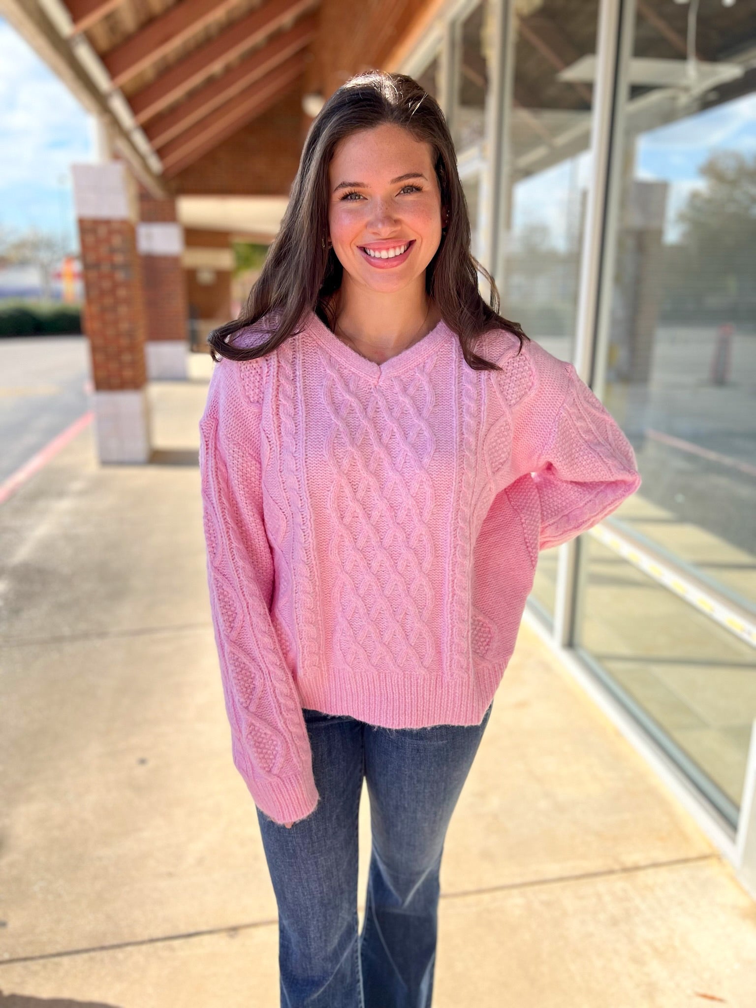 Light Pink Long Sleeve Cable Knit Yarn Sweater - A'Bekah's Boutique