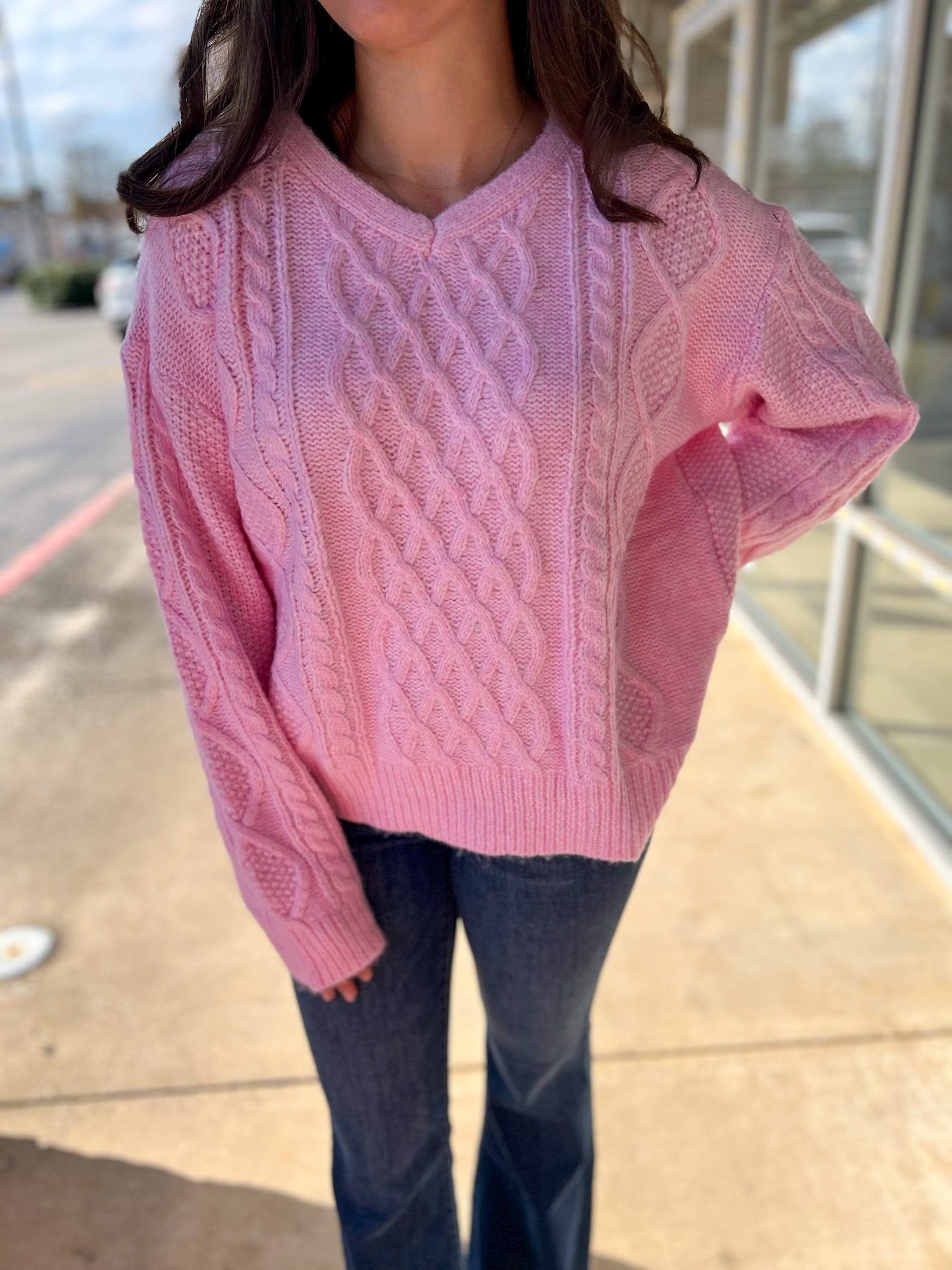 Light Pink Long Sleeve Cable Knit Yarn Sweater - A'Bekah's Boutique