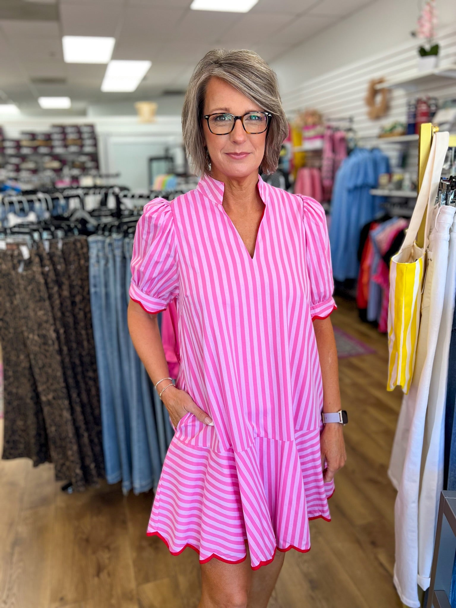 Light Pink Striped V - Neck Dress with Scallop Trim - A'Bekah's Boutique