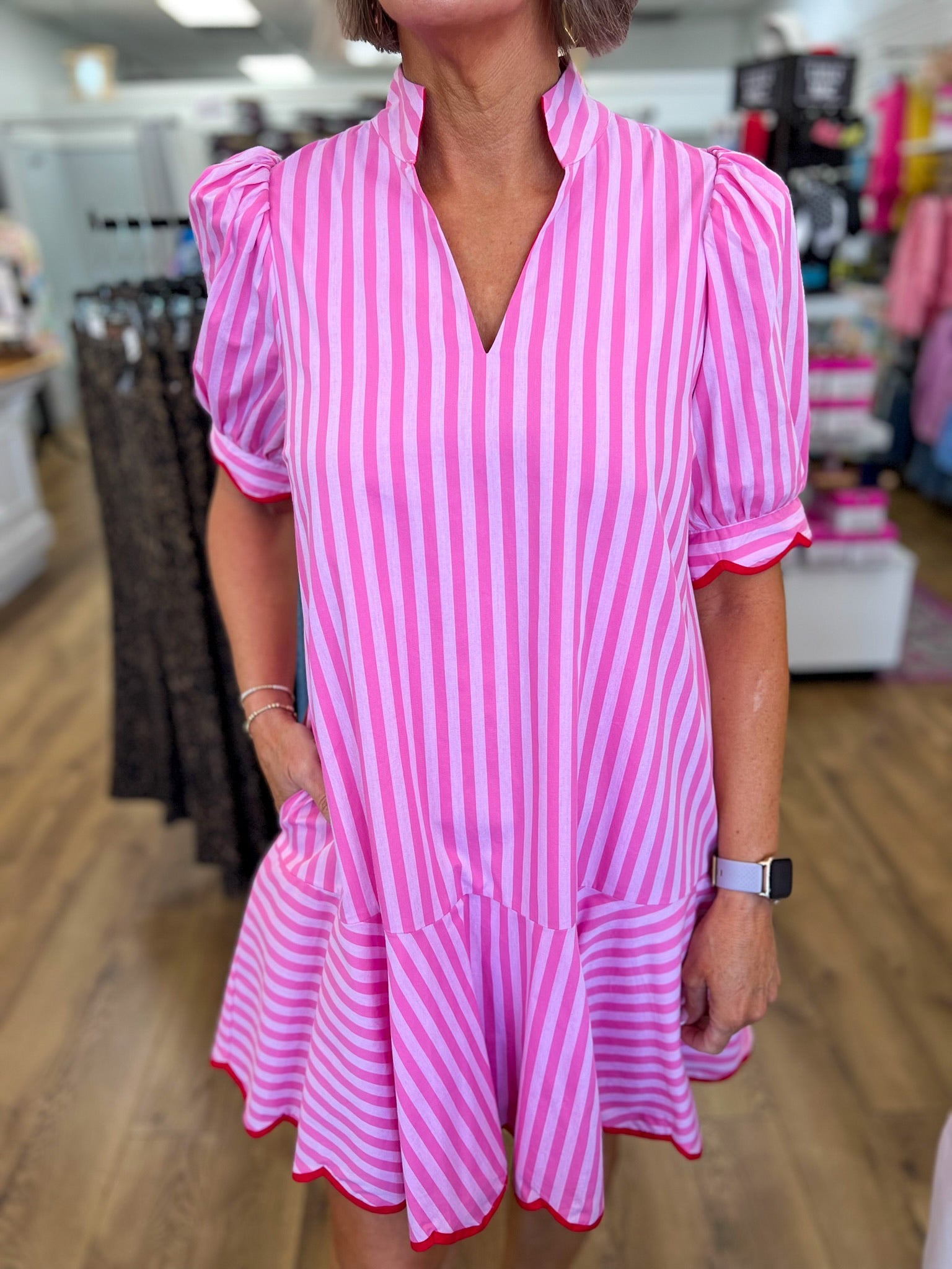 Light Pink Striped V - Neck Dress with Scallop Trim - A'Bekah's Boutique