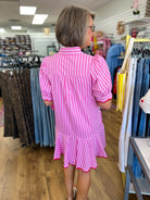 Light Pink Striped V - Neck Dress with Scallop Trim - A'Bekah's Boutique