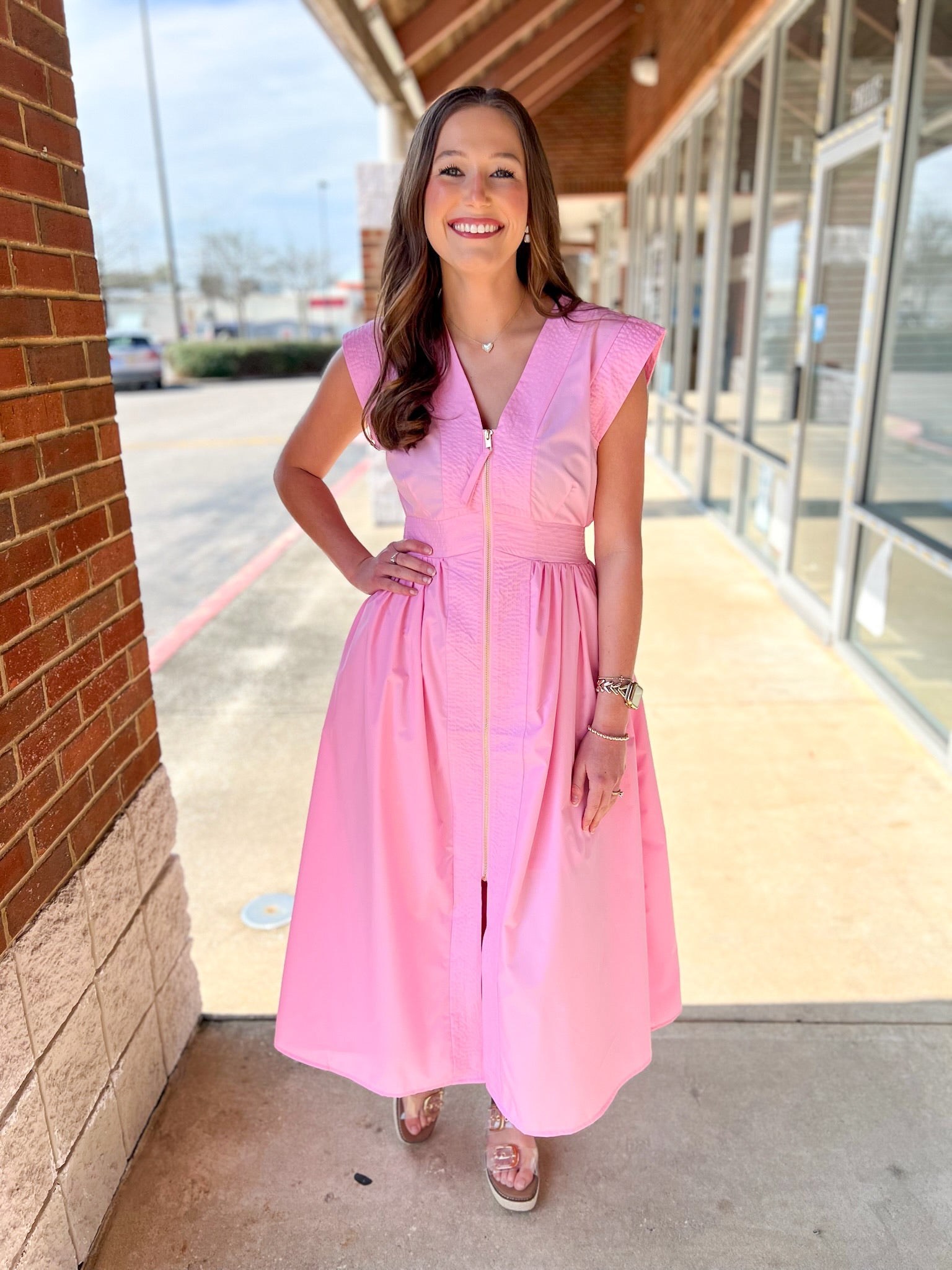 Light Pink Zip Front Cap Sleeve Midi Dress with Pockets - A'Bekah's Boutique