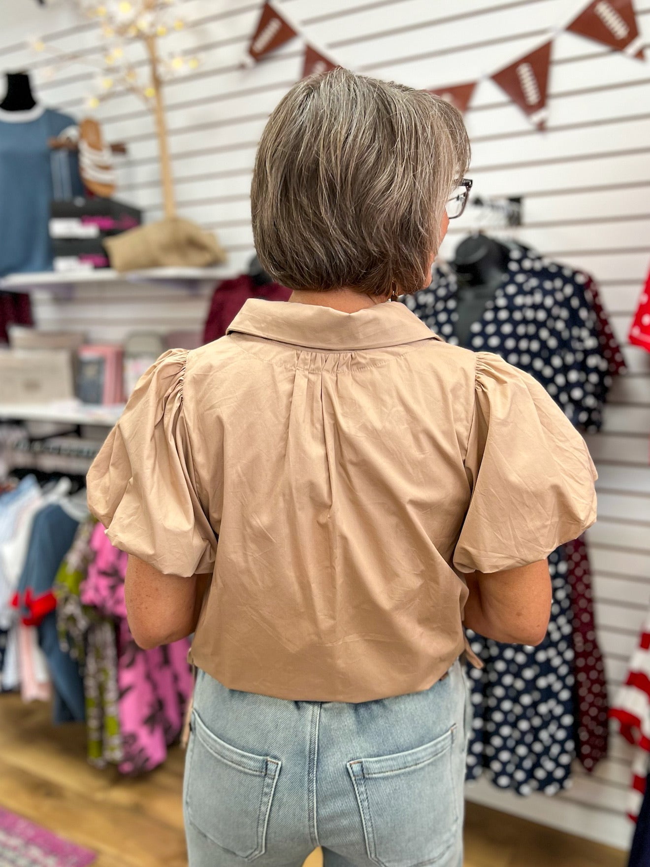 Light Taupe Button Up Top with Short Puff Sleeves and Drawstring Hem - A'Bekah's Boutique