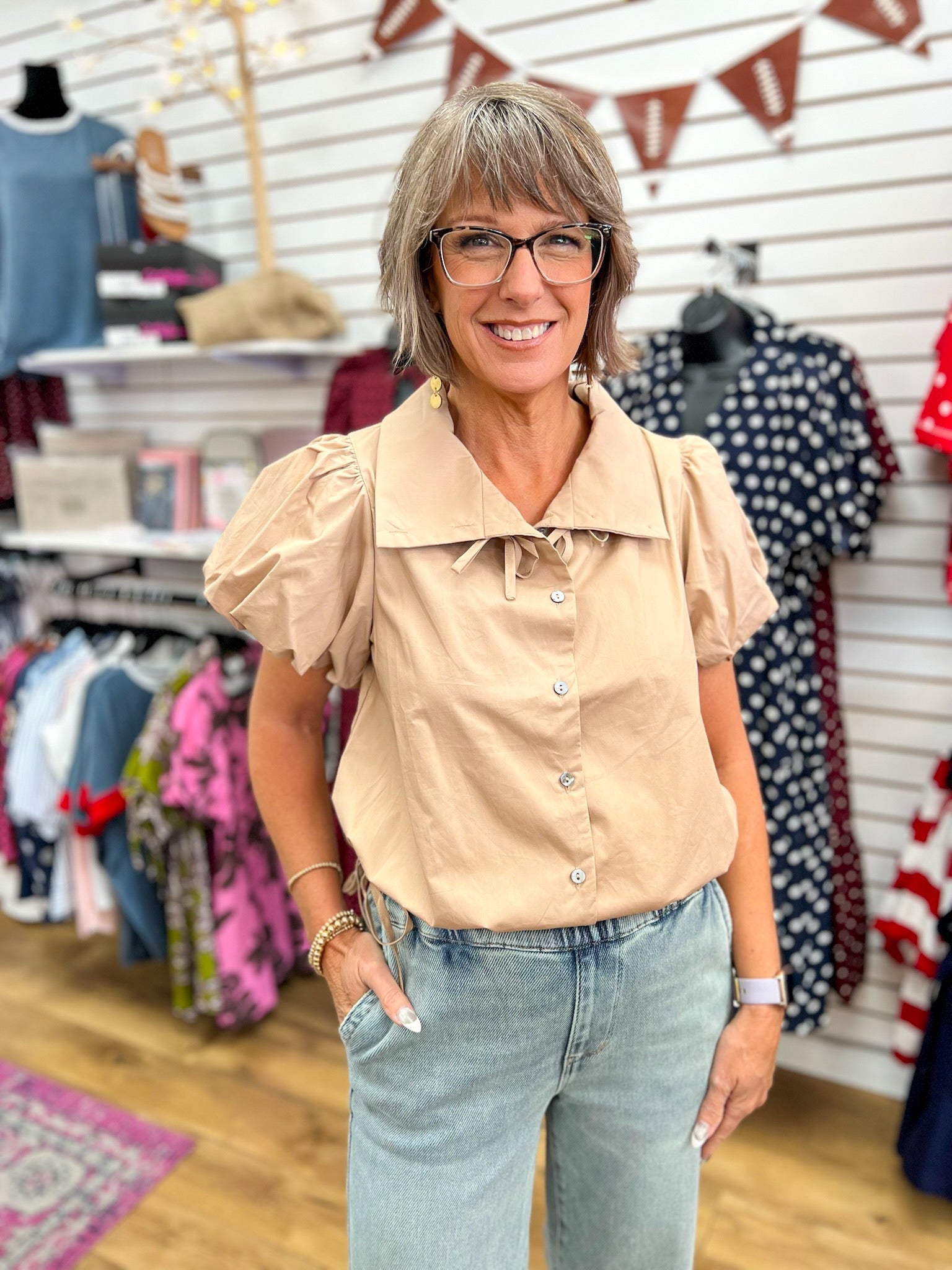 Light Taupe Button Up Top with Short Puff Sleeves and Drawstring Hem - A'Bekah's Boutique