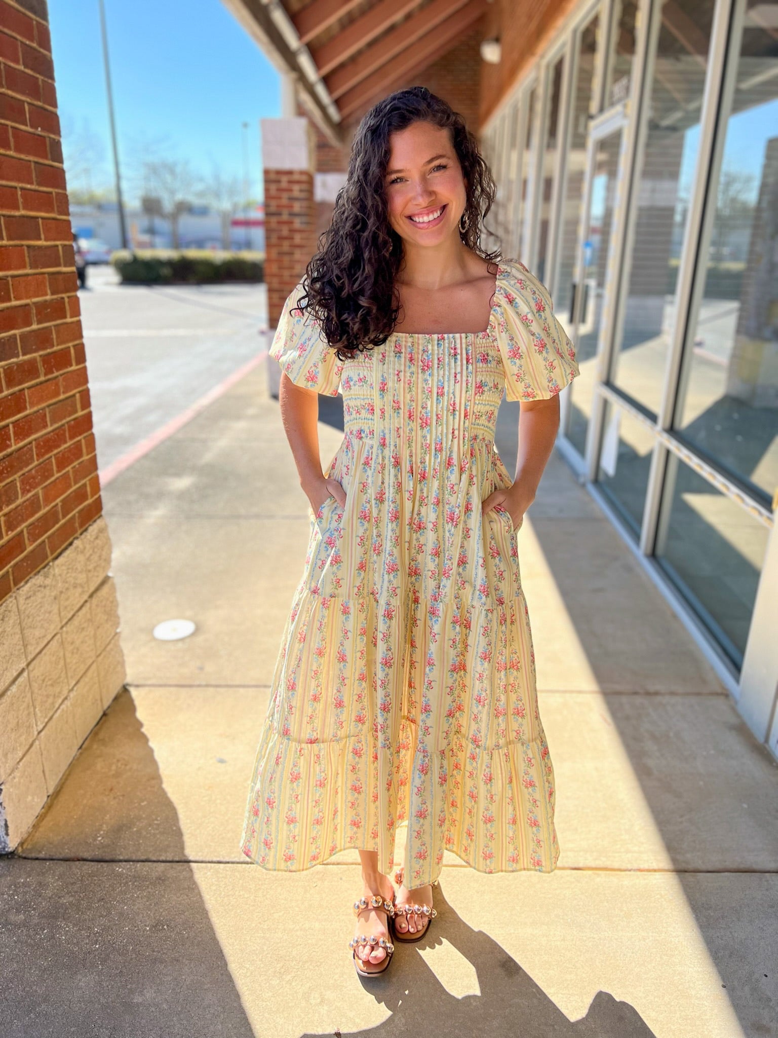 Light Yellow Floral Stripe Maxi Dress with Pintuck Details - A'Bekah's Boutique