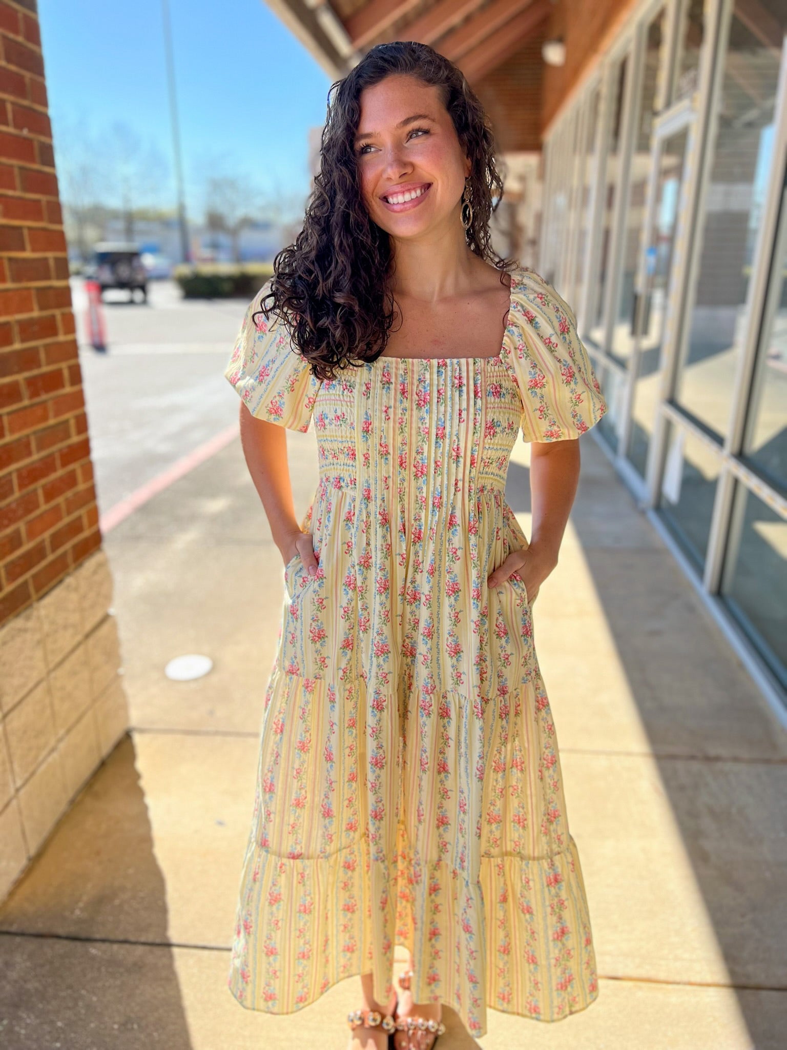Light Yellow Floral Stripe Maxi Dress with Pintuck Details - A'Bekah's Boutique