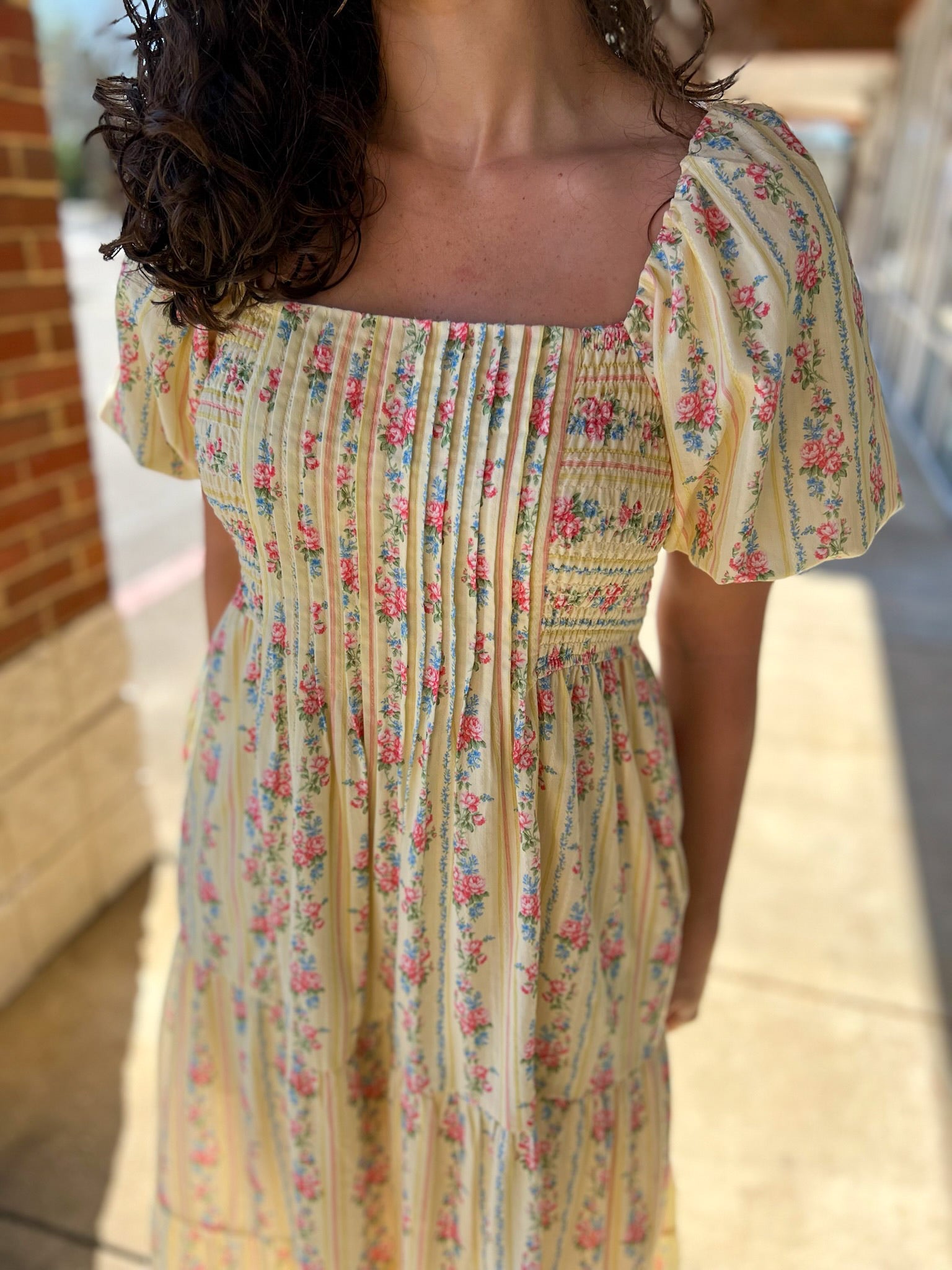 Light Yellow Floral Stripe Maxi Dress with Pintuck Details - A'Bekah's Boutique