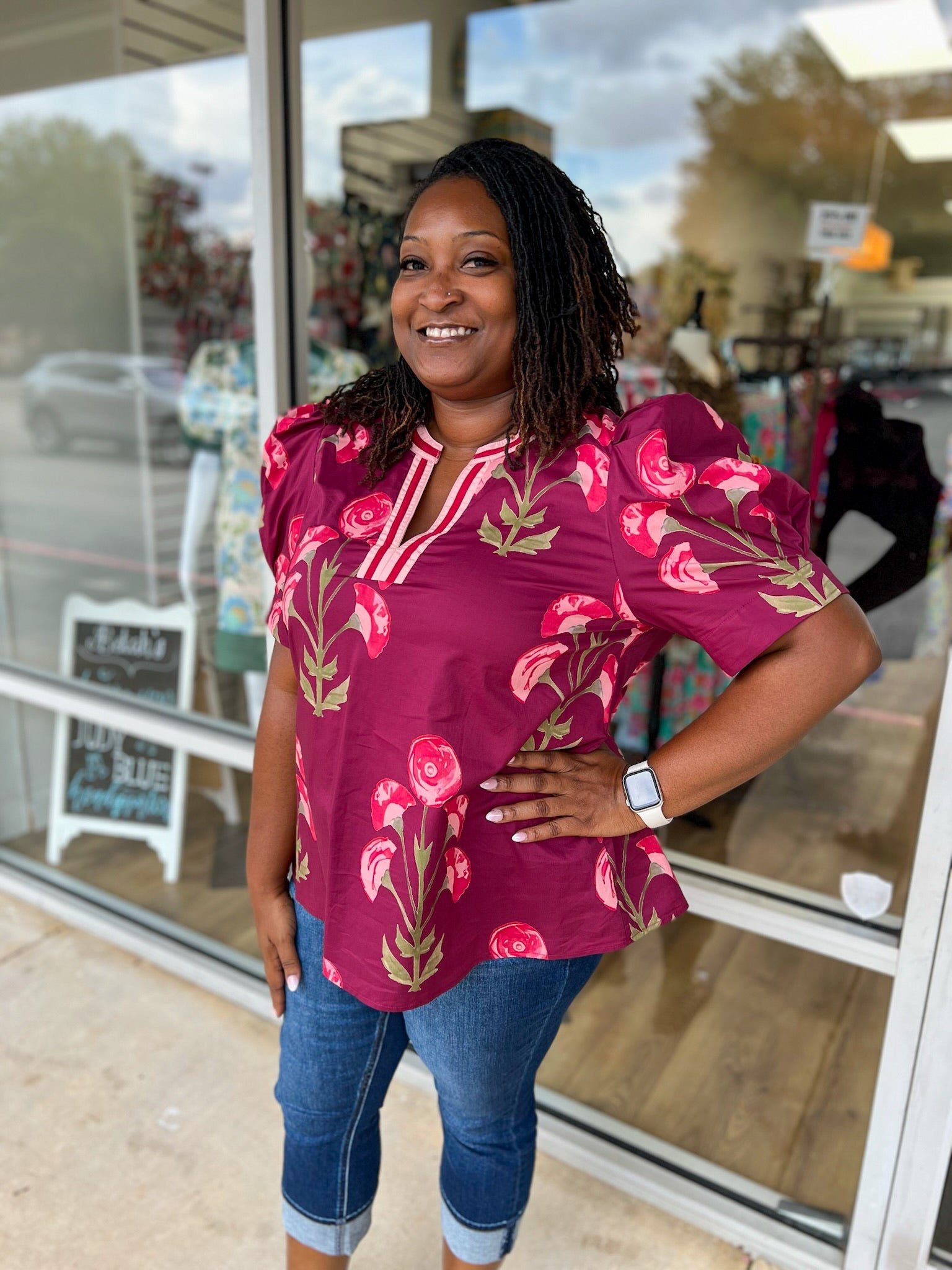 Likely Story Wine Floral V - Neck Top with Puff Sleeves (C) - A'Bekah's Boutique