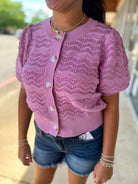 Lilac Pink Textured Open Knit Button Front Top - A'Bekah's Boutique