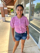 Lilac Pink Textured Open Knit Button Front Top - A'Bekah's Boutique