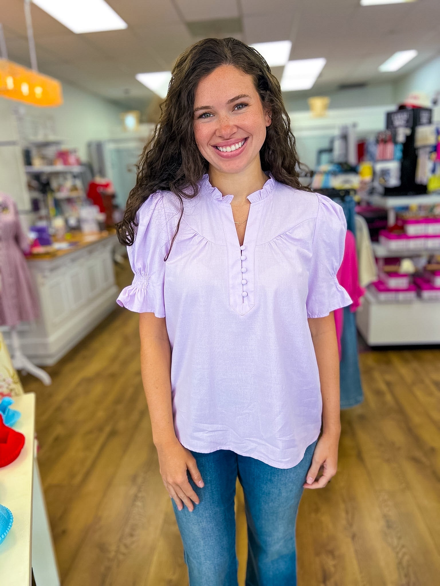 Lilac V - Neck Top with Short Smocked Sleeves - A'Bekah's Boutique