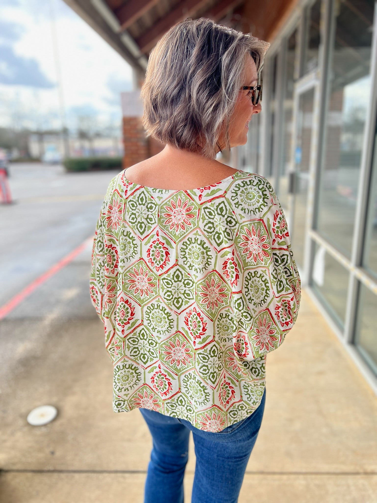 Lime Green Tile Garden Print Top with Dolman Sleeves - A'Bekah's Boutique